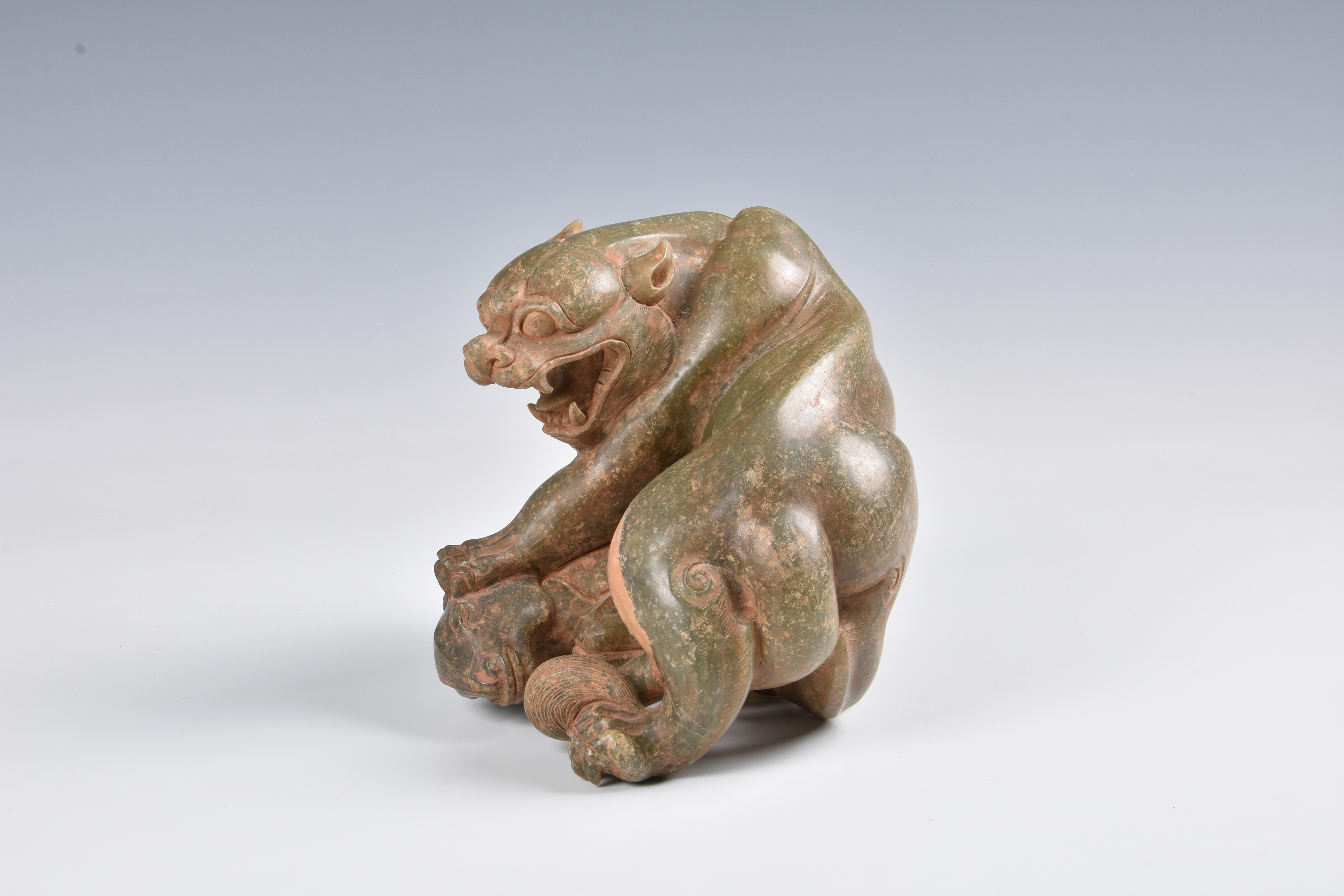 A Chinese carved celadon jade figure of a jaguar and ram - Image 4 of 11