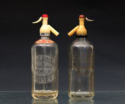 Jersey clear glass soda syphons - two variants by E. Le Dain