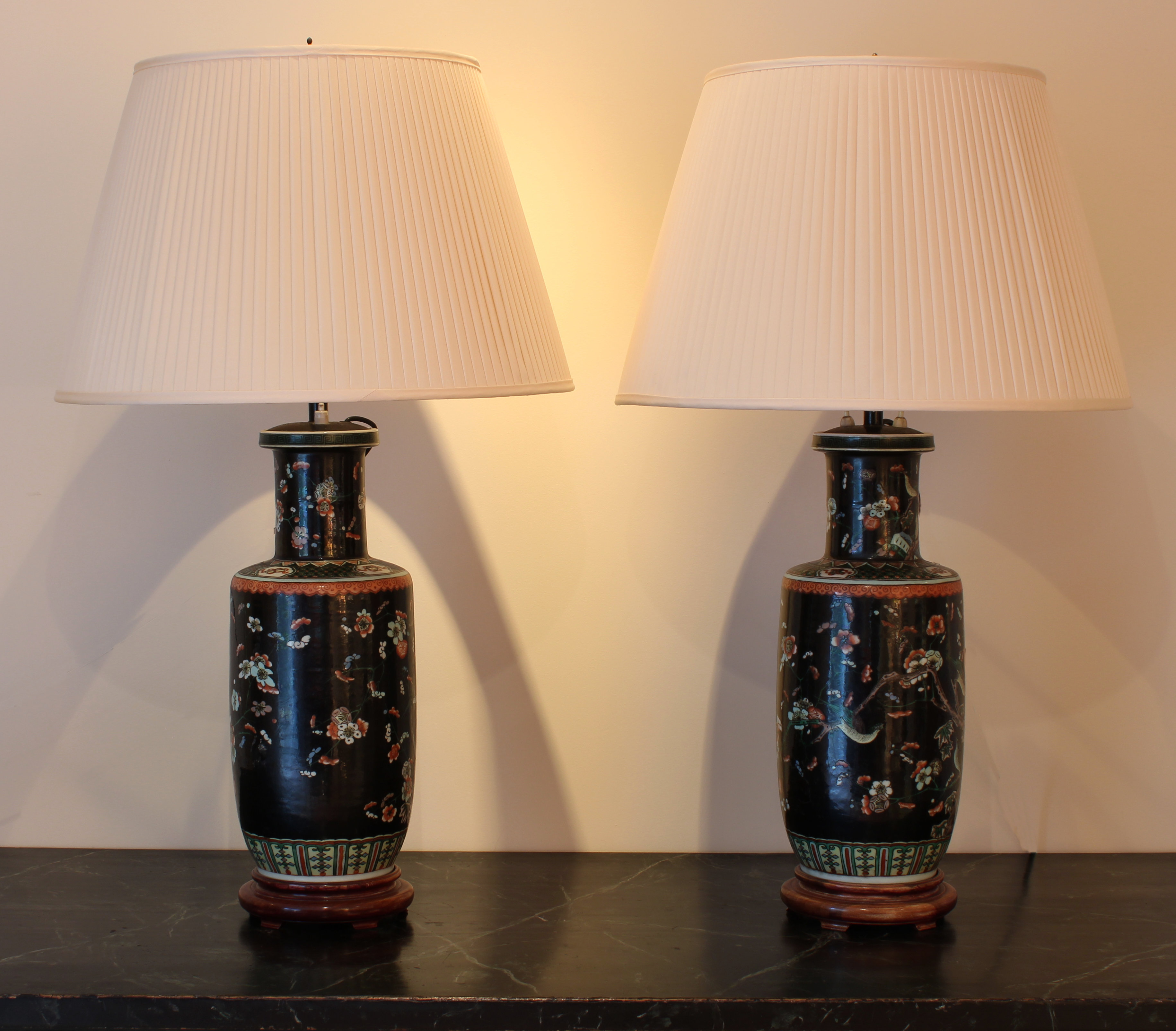 Pair of Chinese black ground porcelain vase lamps
