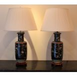 Pair of Chinese black ground porcelain vase lamps