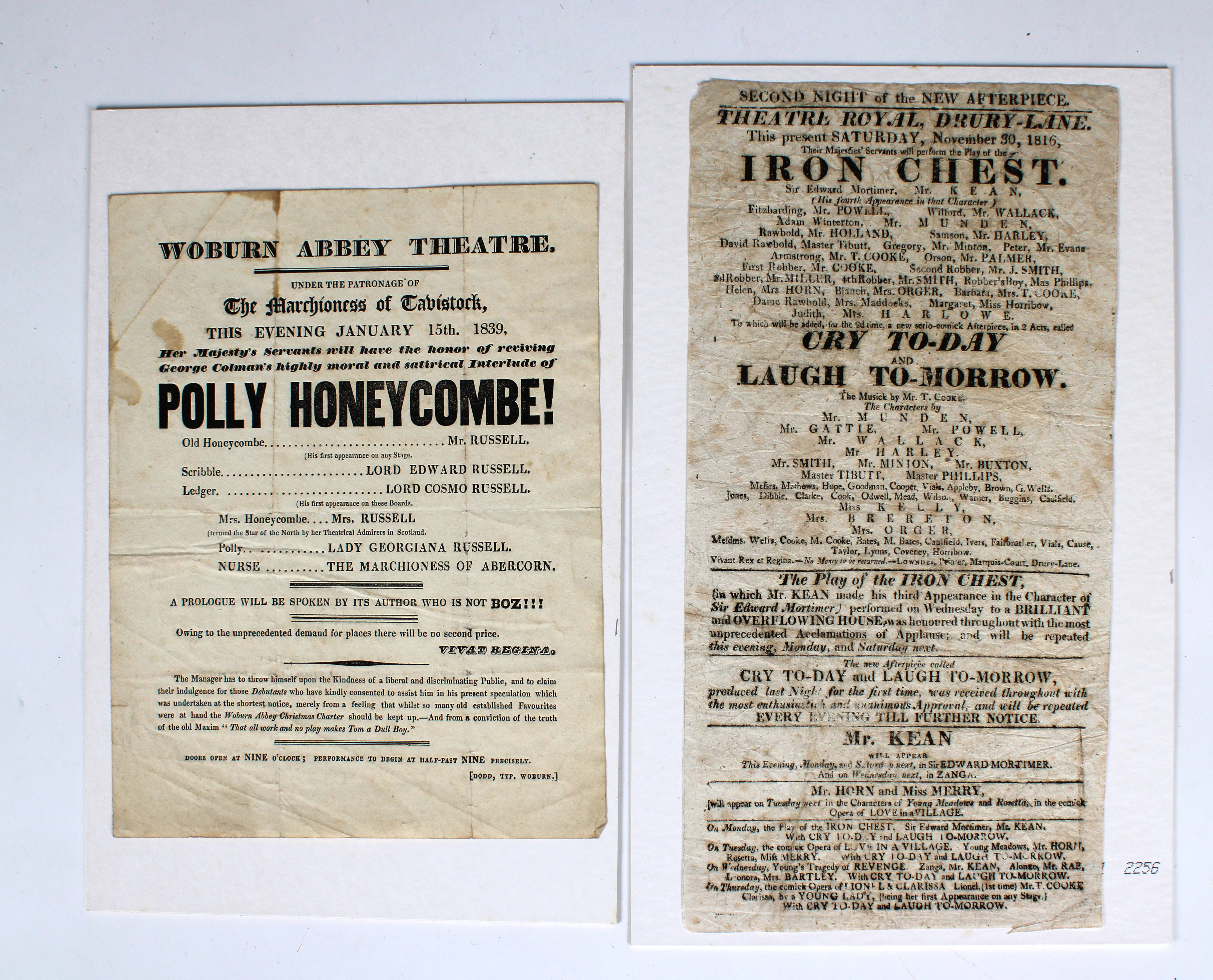 Two early 19th century theatre bills, one from the Theatre Royal, Drury Lane 1816