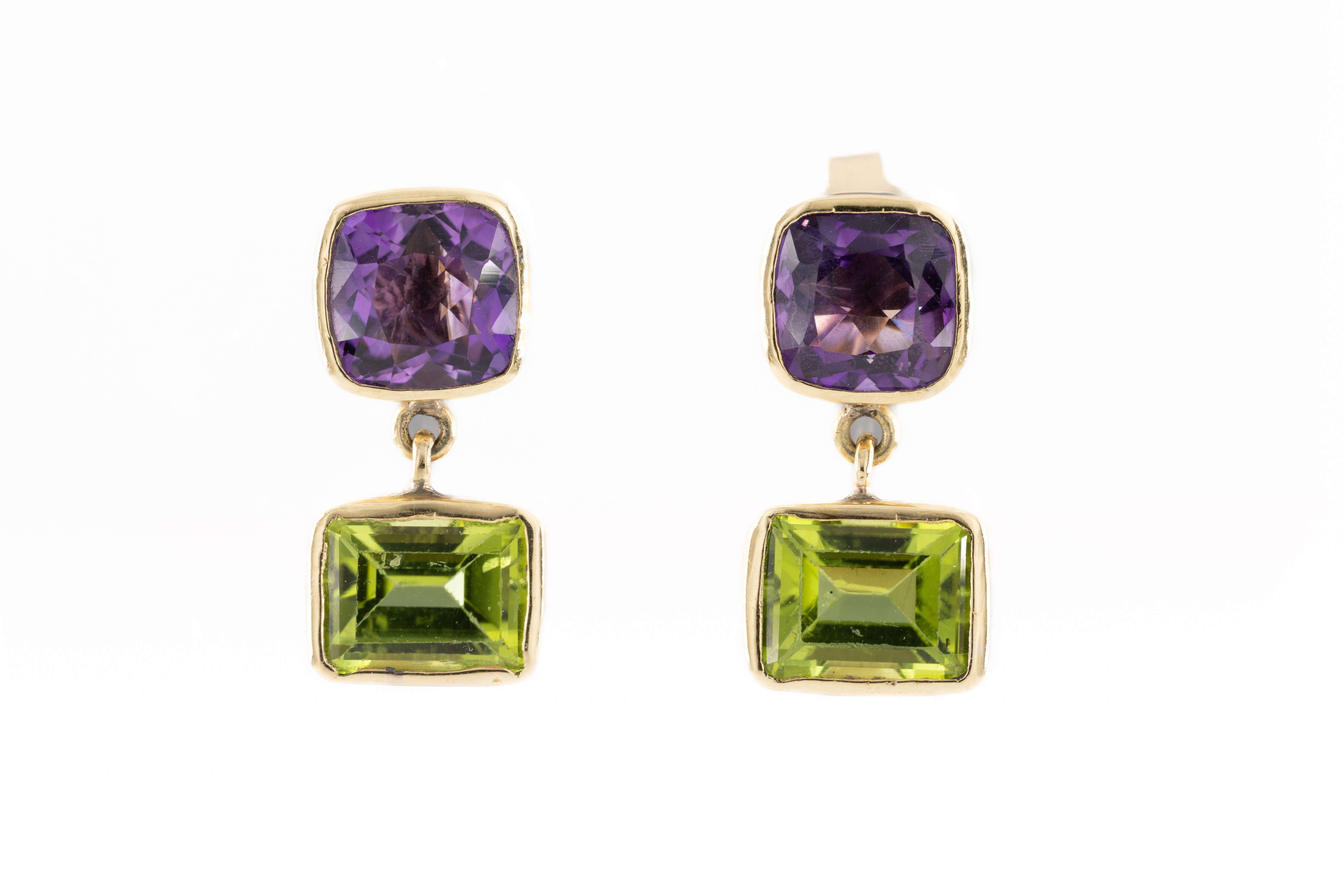 A pair of purple and green gem-set drop earrings