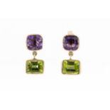 A pair of purple and green gem-set drop earrings