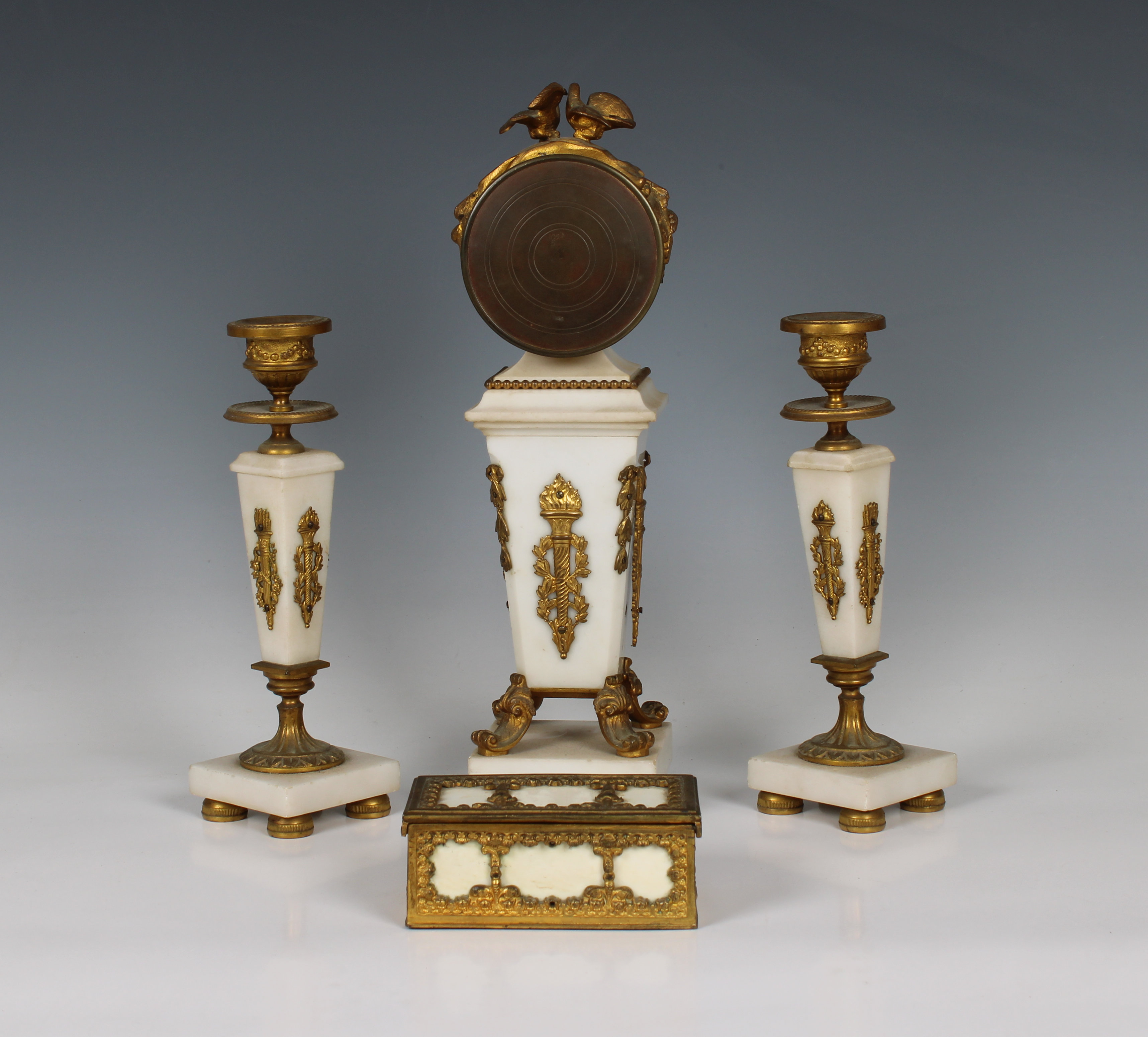 A French late 19th century ormolu and white marble clock garniture - Image 2 of 2