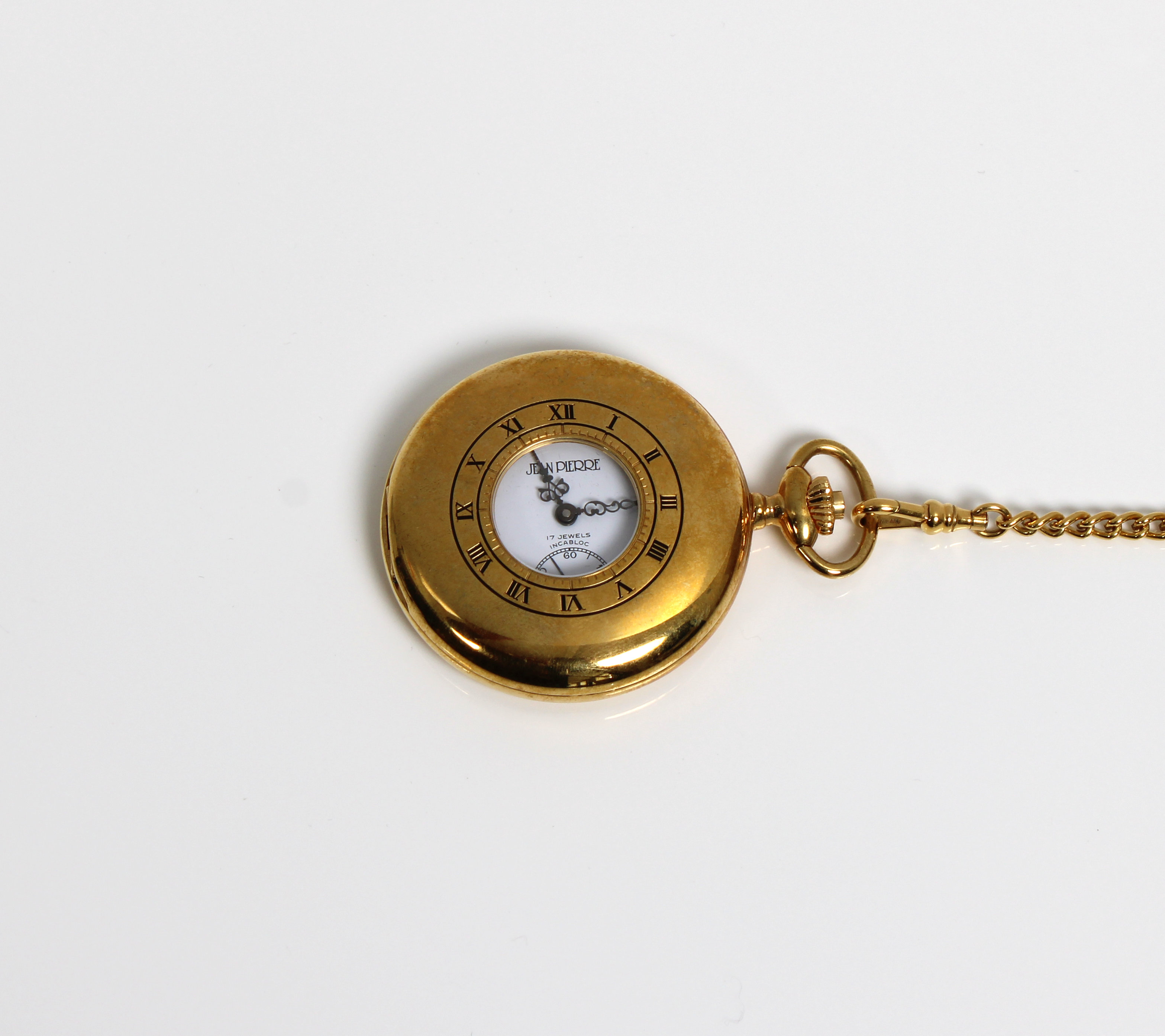 A Jean Pierre of Switzerland gold plated half hunter pocket watch and chain
