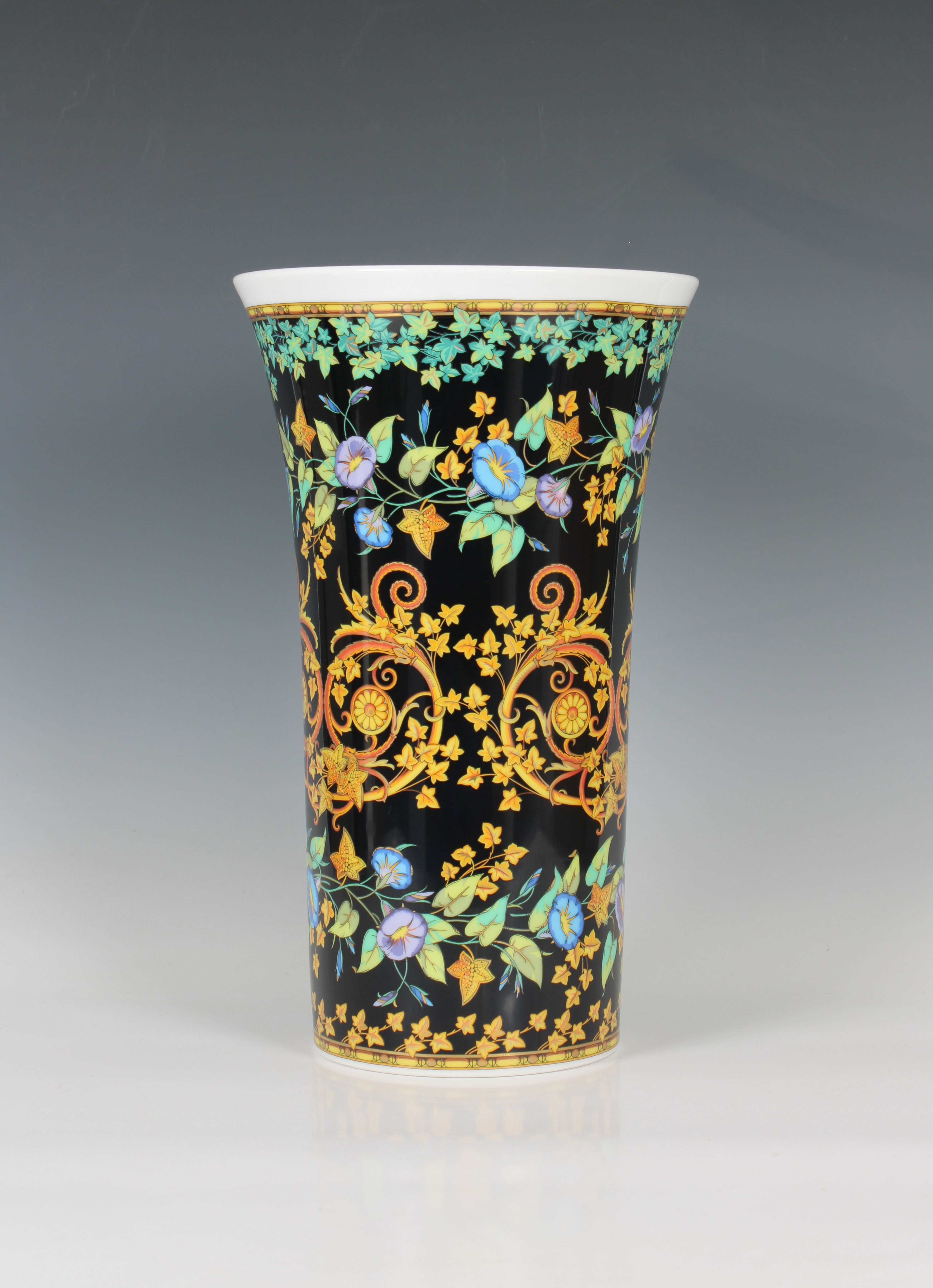 A Rosenthal Versace 'Gold Ivy' cylindrical flared vase, foliate design with gilded highlights - Image 2 of 3