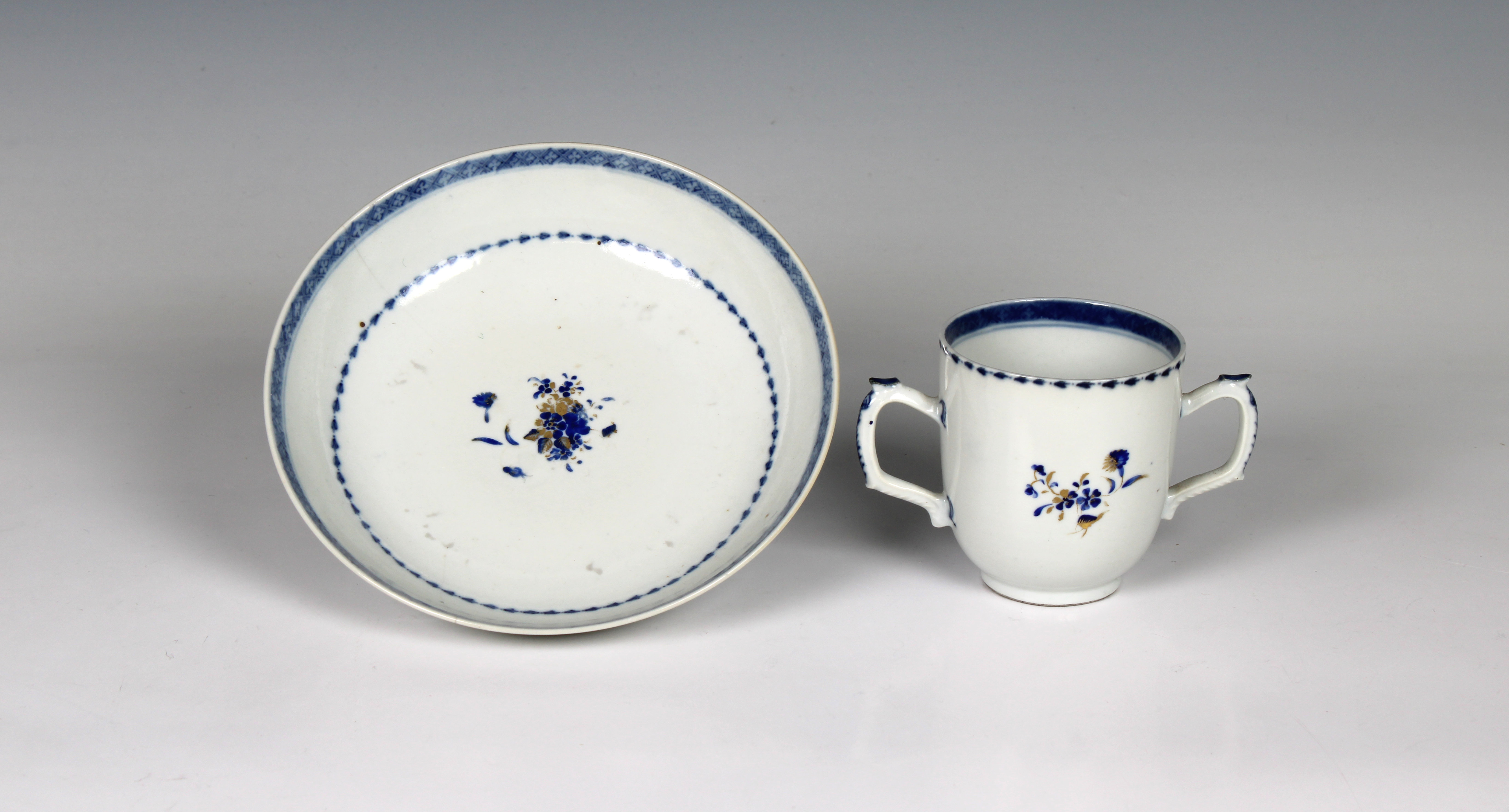 A Chinese export blue & white porcelain chocolate cup and saucer - Image 2 of 4