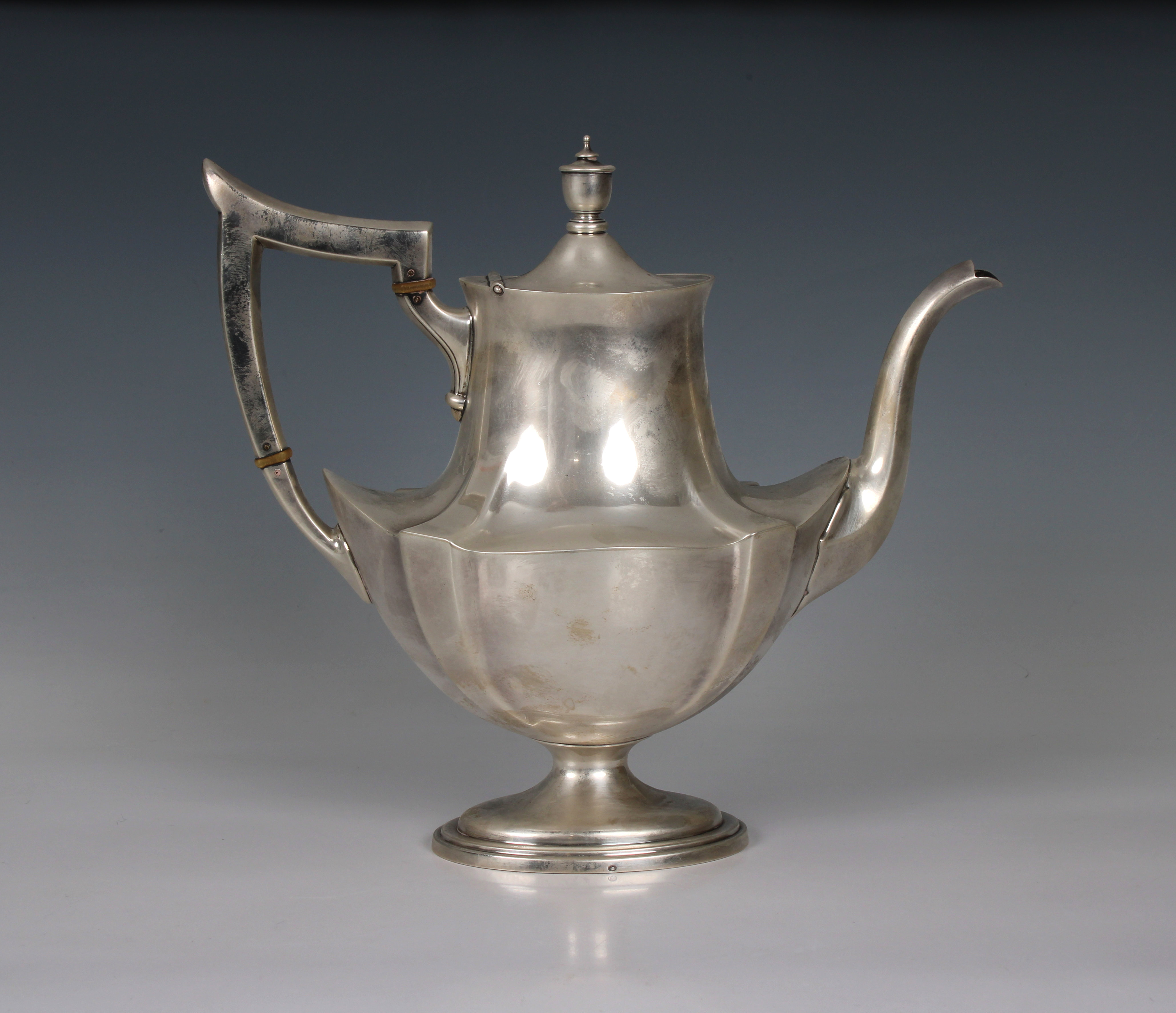 A 20th century Gorham "Plymouth" pattern sterling silver pedestal teapot