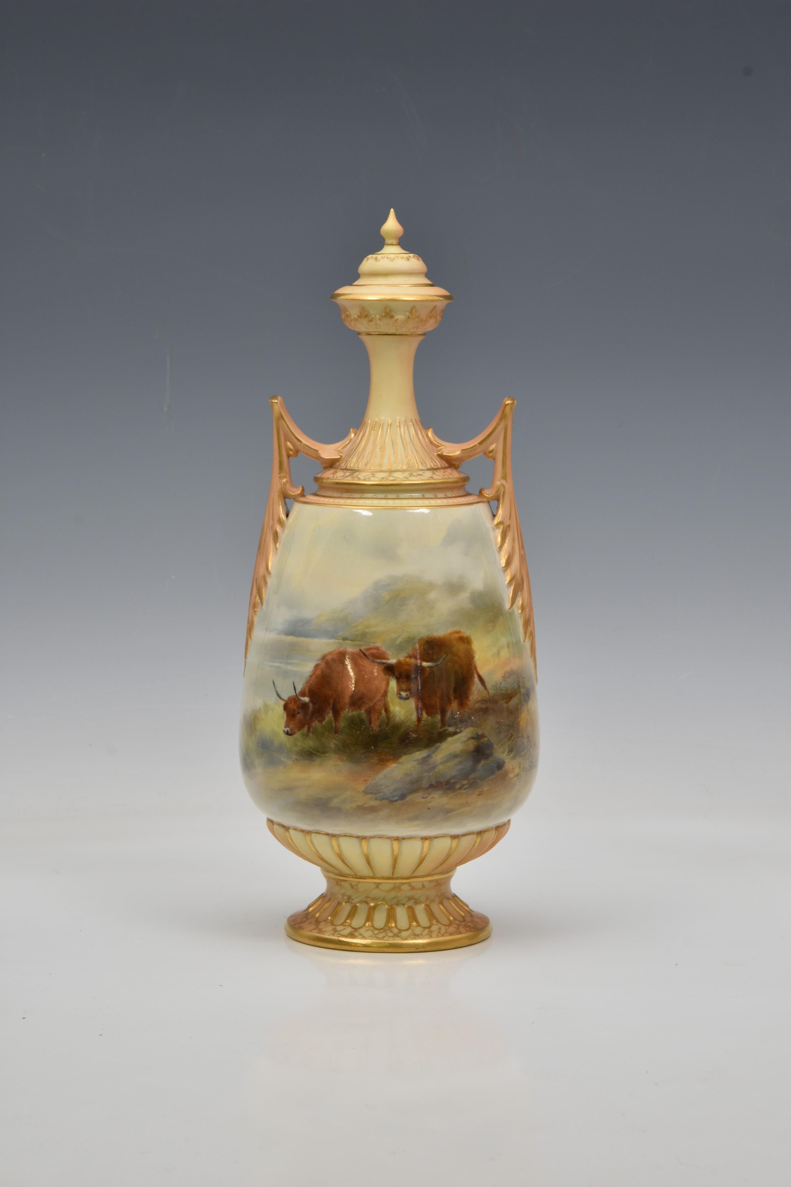 A Royal Worcester porcelain Highland Cattle painted covered vase by John Stinton