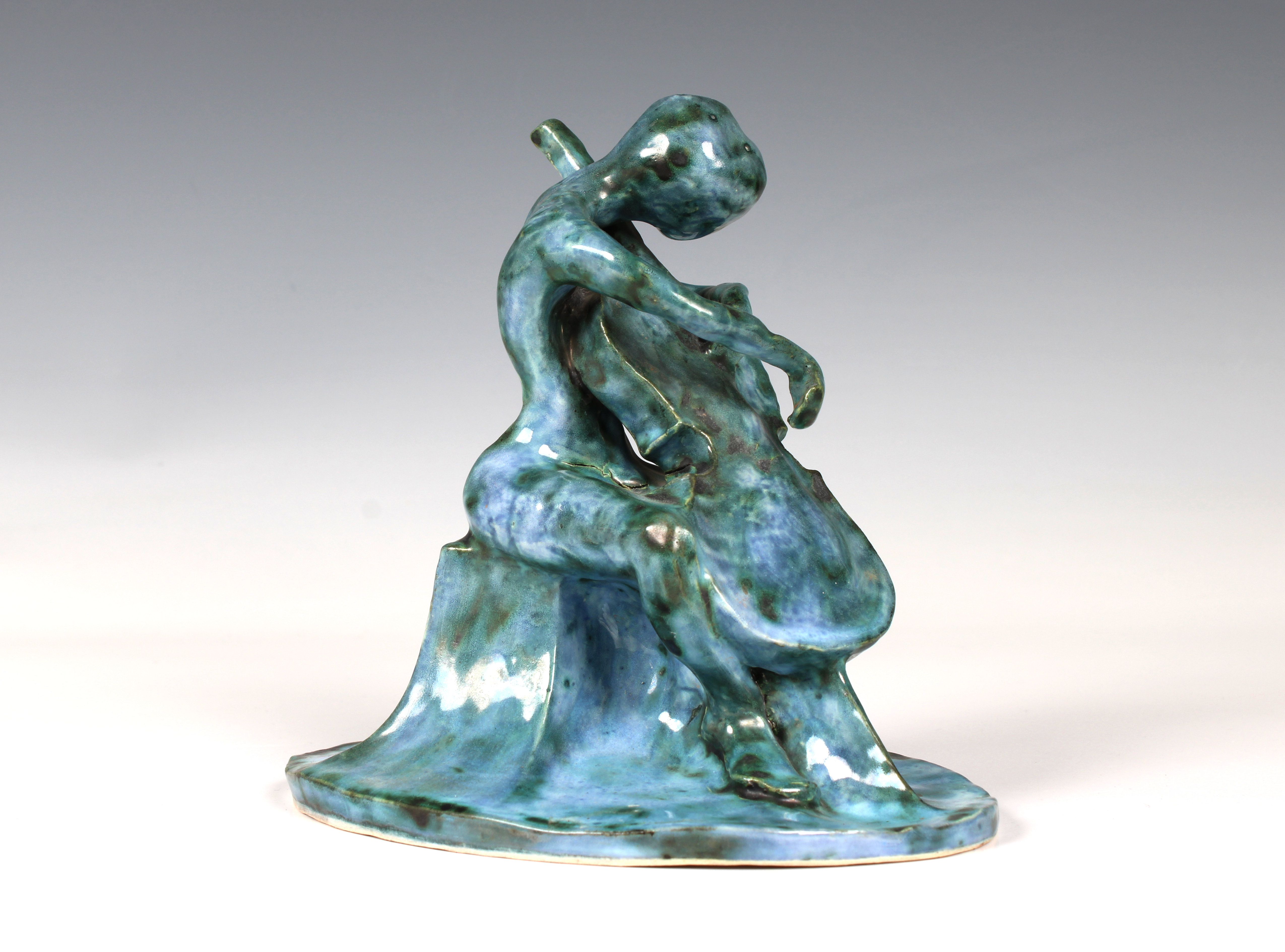 Elizabeth Ann Macphail (1939-89) A turquoise glazed stylised cellist or double bass player sculpture - Image 4 of 6