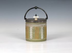 A Wedgwood jasperware and silver plated biscuit barrel