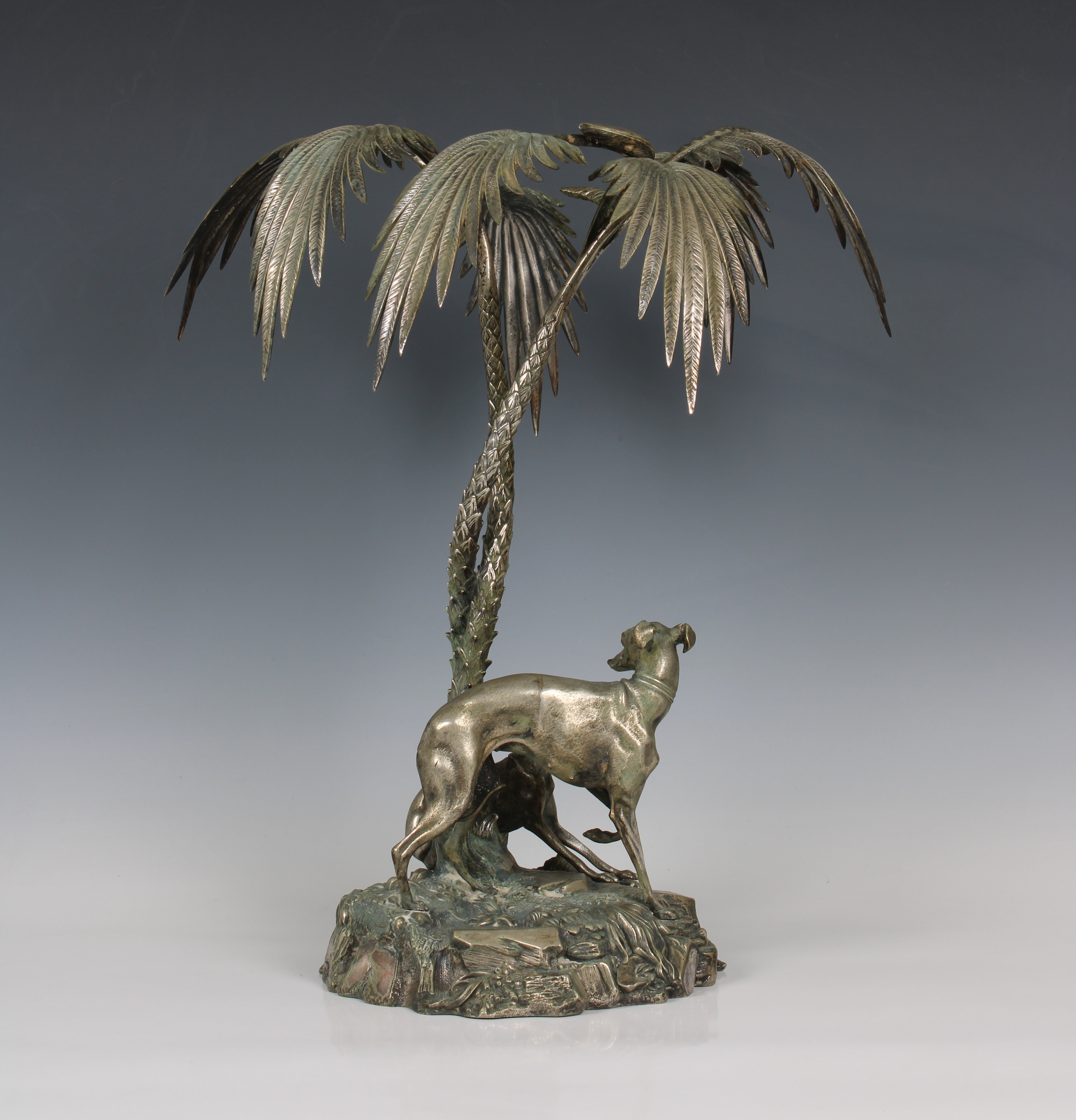 A silver plated centrepiece in the form of two greyhounds sheltering beneath palm trees - Image 3 of 6