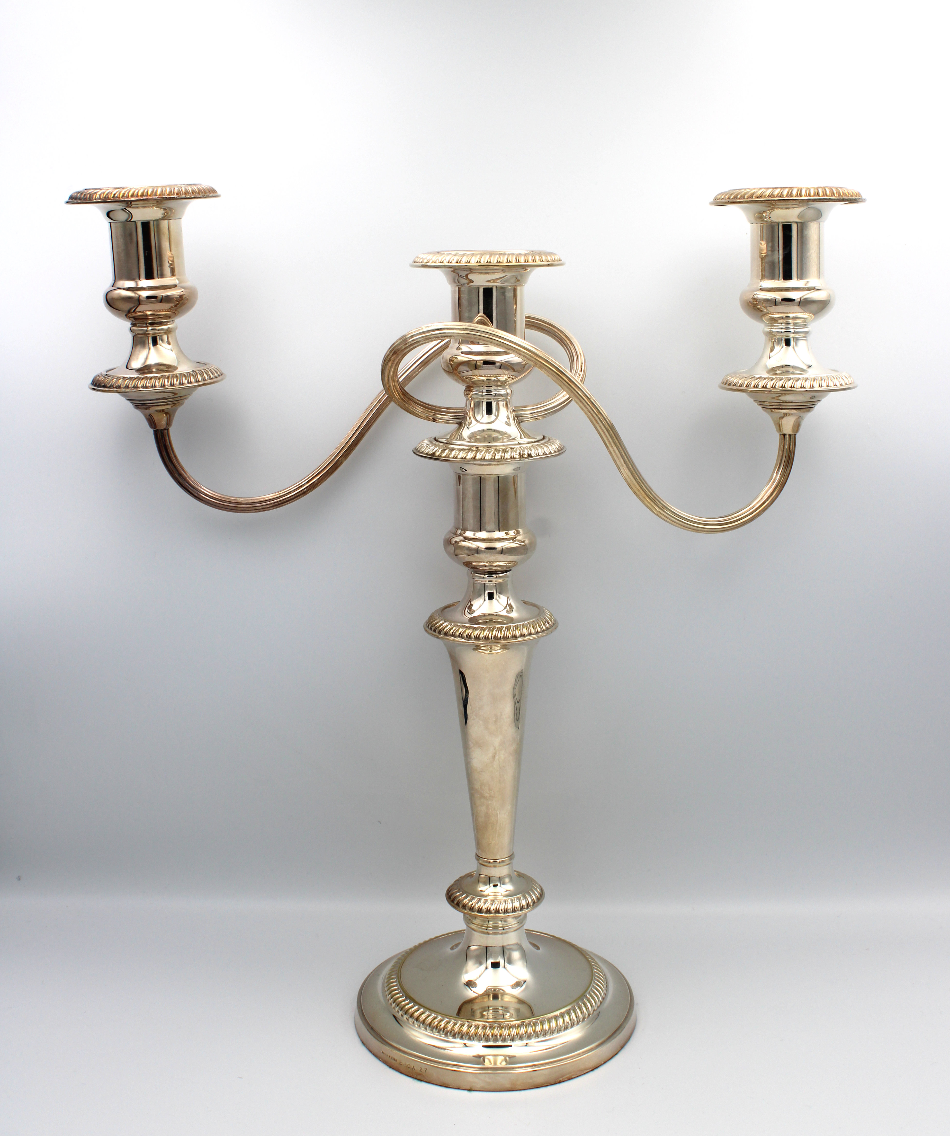 A pair of silver plate on copper twin branch candelabra - Image 2 of 2