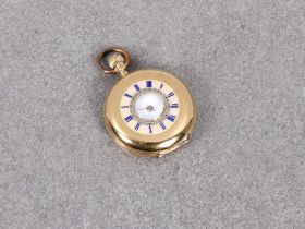 An Edwardian 14k gold-cased ladies fob watch with blue enamelled Roman numerals outer