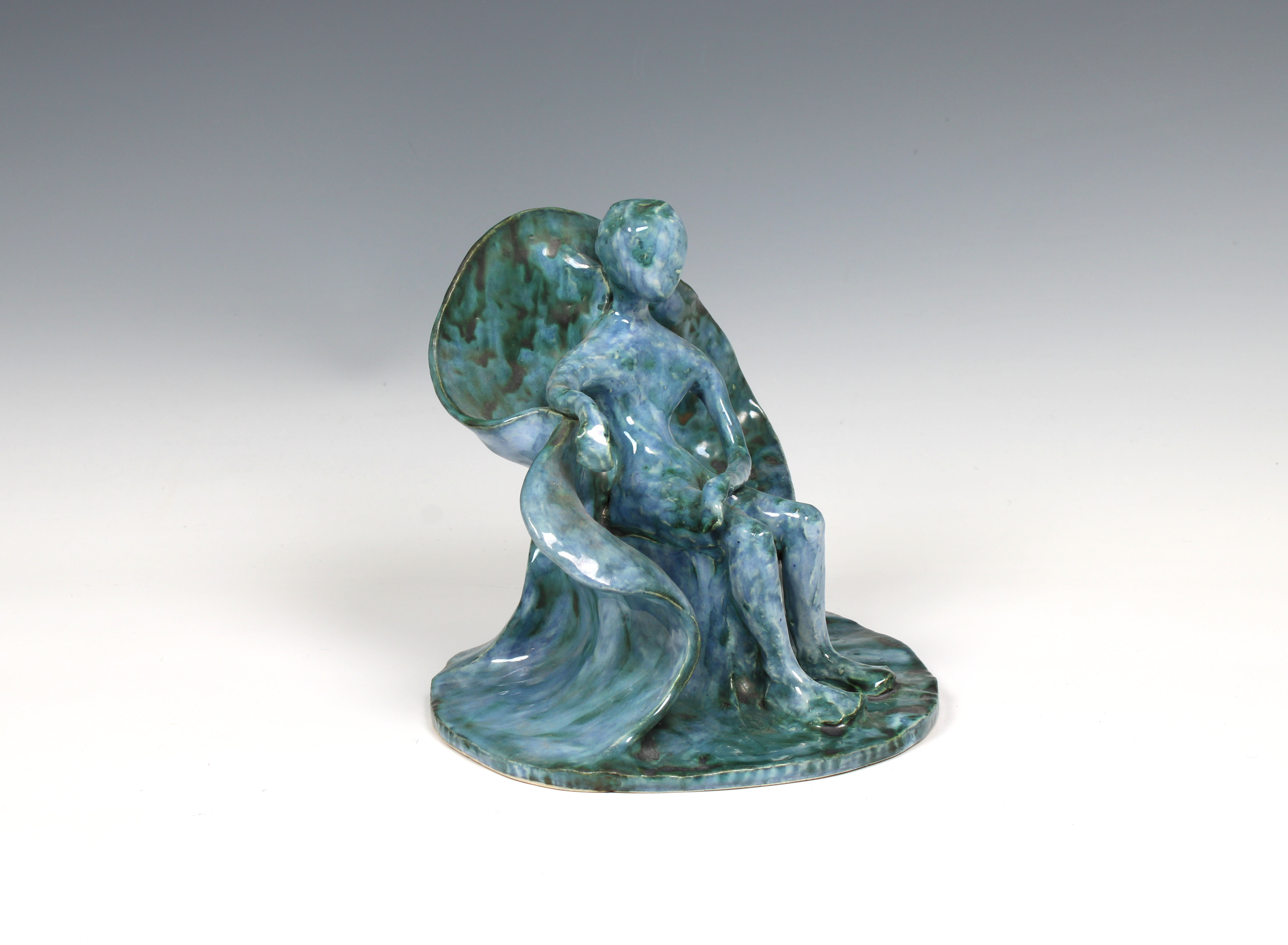 Elizabeth Ann Macphail (1939-89) A turquoise glazed stylised seated figure sculpture - Image 2 of 5