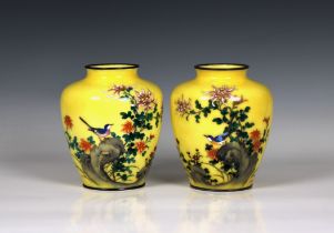 A pair of yellow ground Japanese cloisonné baluster form vases