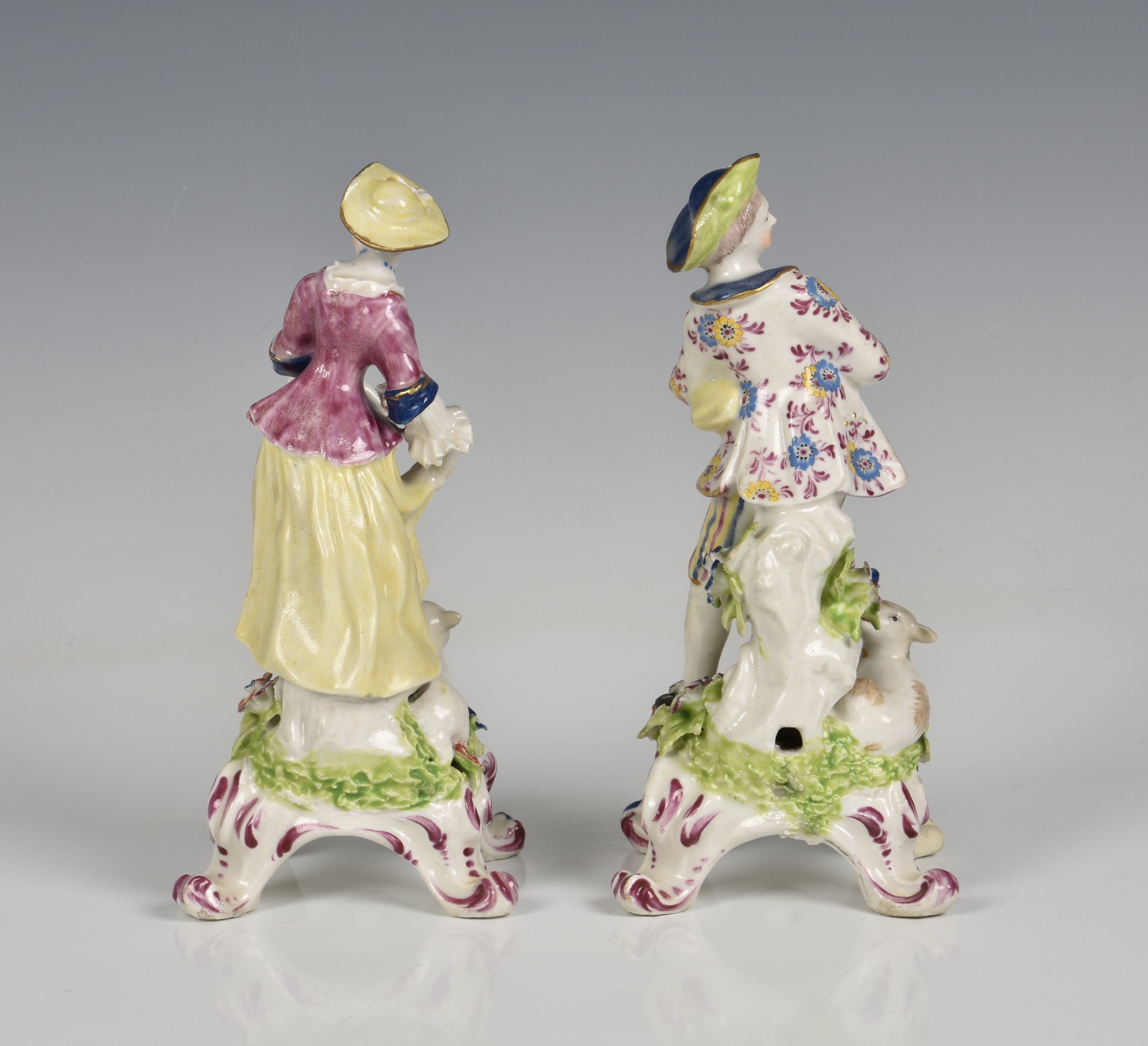 A pair of Bow porcelain figures of a shepherd and shepherdess - Image 3 of 12