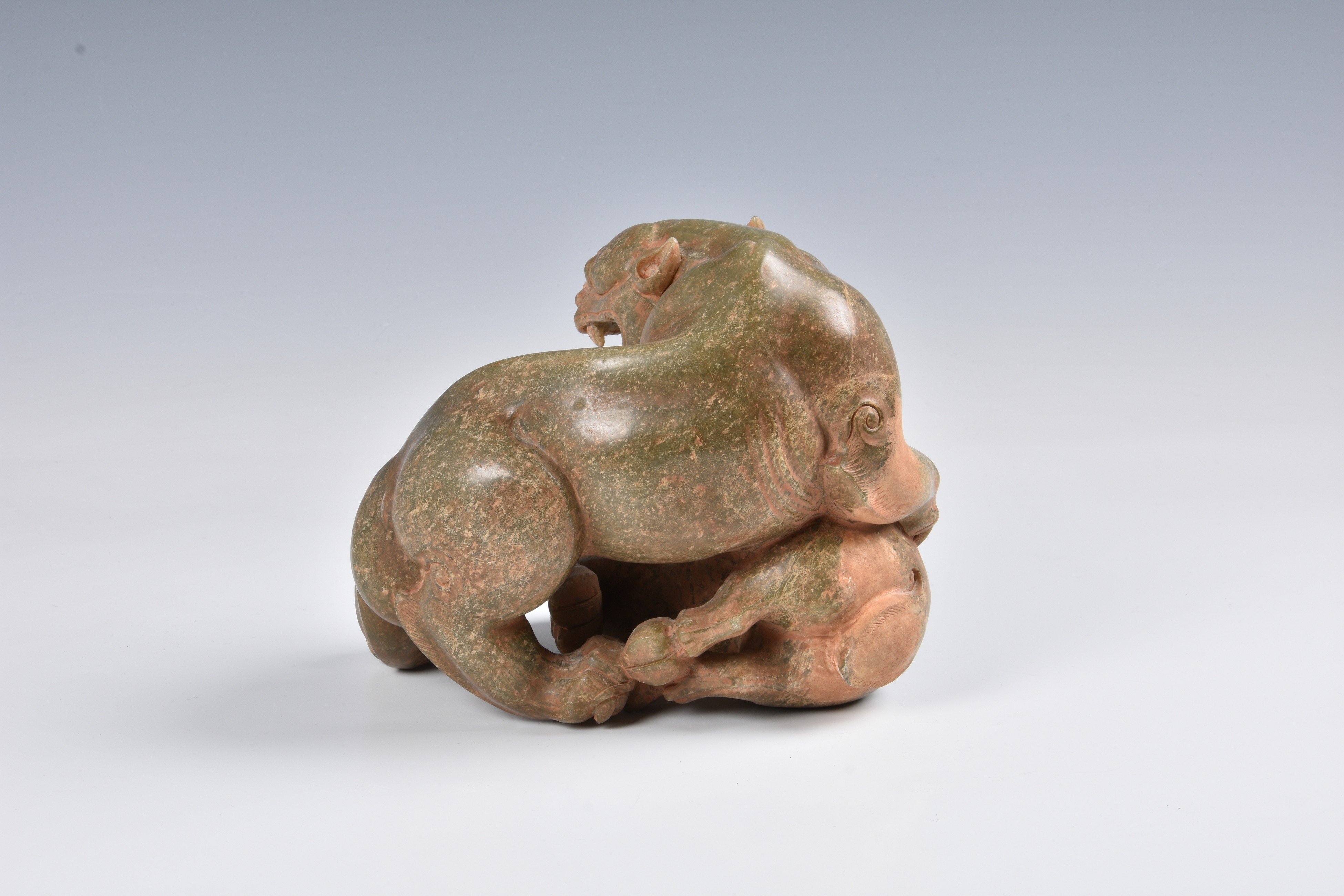 A Chinese carved celadon jade figure of a jaguar and ram - Image 3 of 11