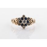 A 9ct yellow gold, diamond and sapphire ring