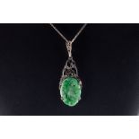 An art deco, jade and marcasite silver pendant necklace