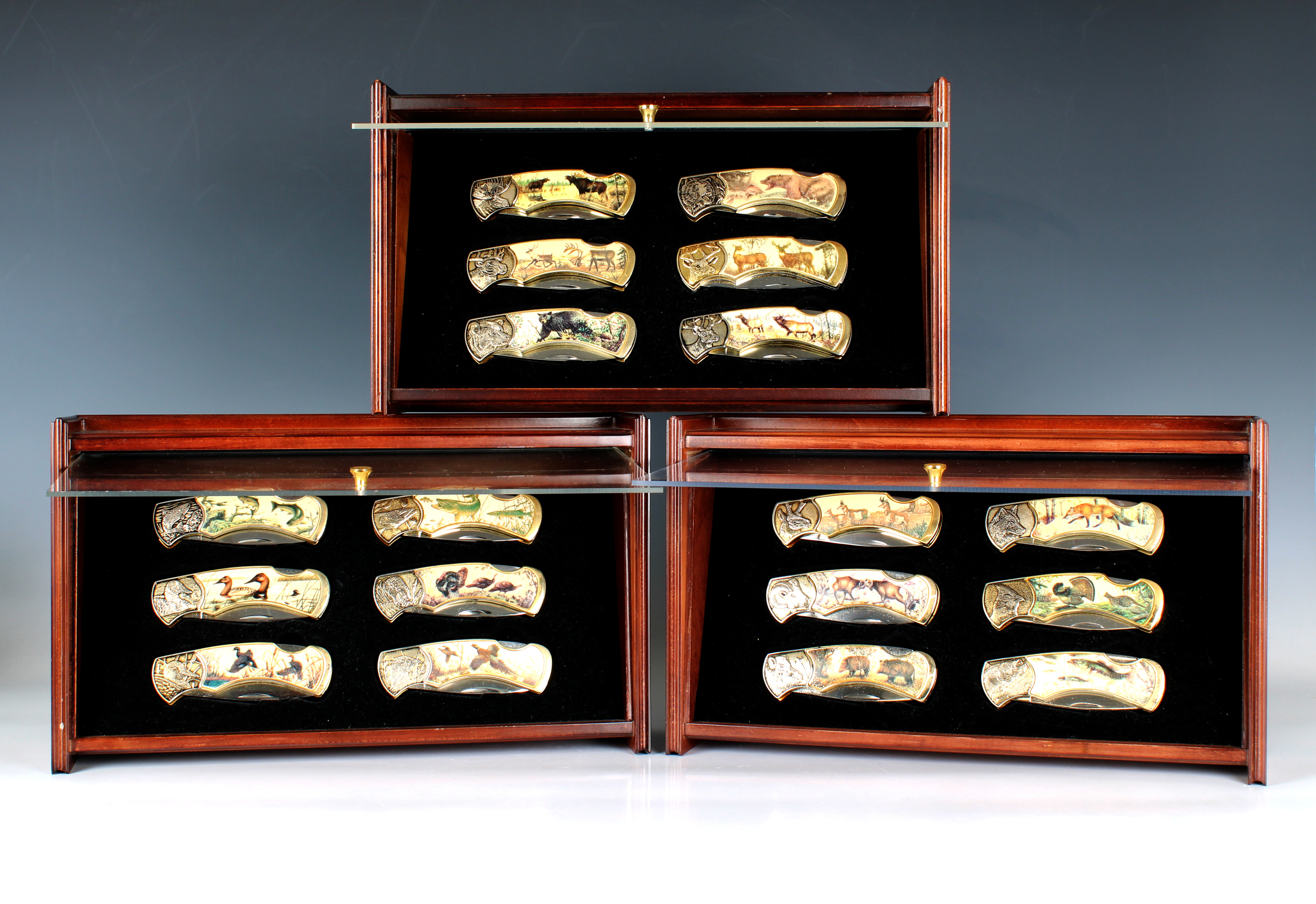 A collection of eighteen Franklin Mint Collectors Knives with Display Cases. (18)