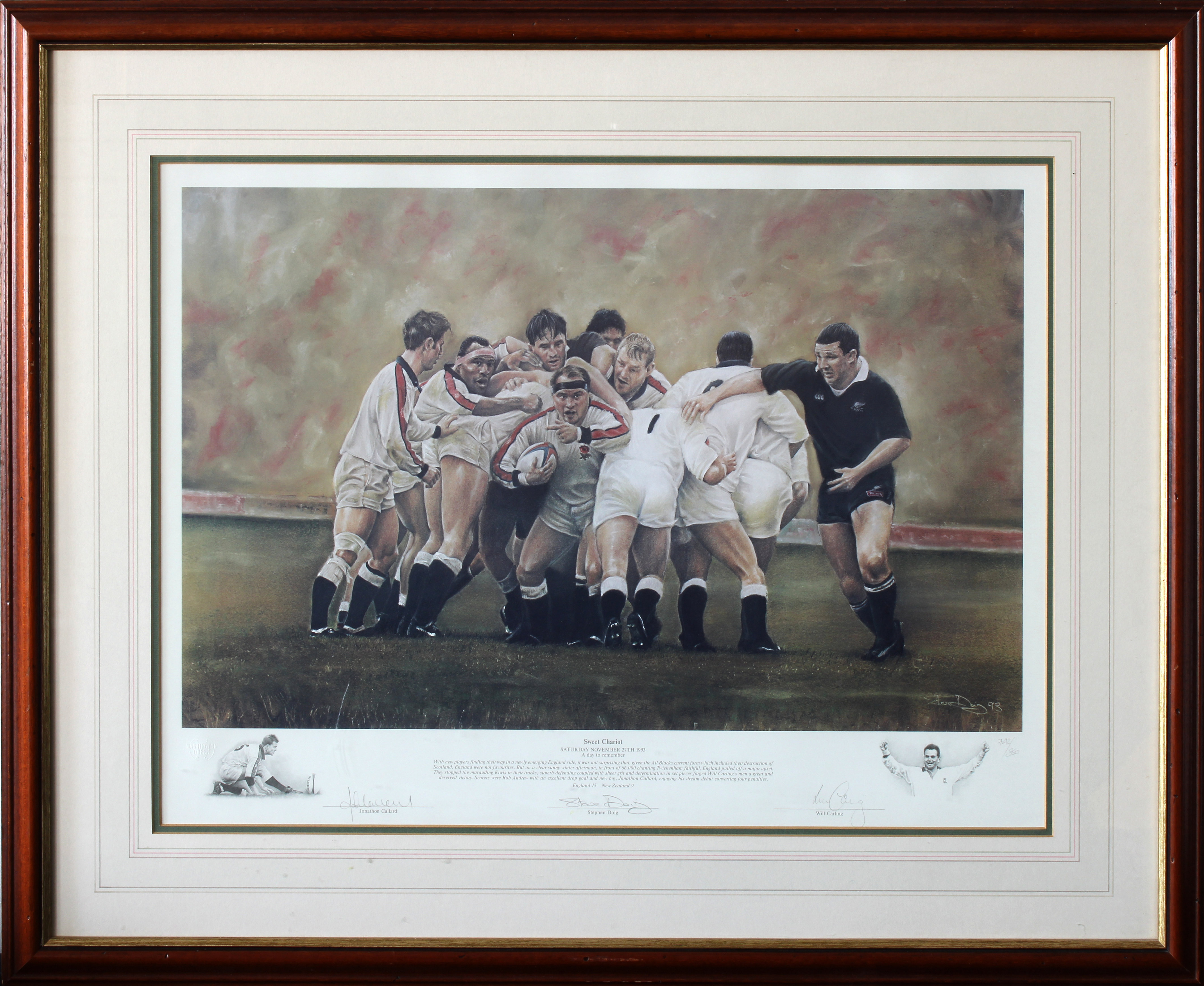 Sweet Chariot - Framed England Rugby Limited Edition print signed by Will Carling, Jonathon Collard