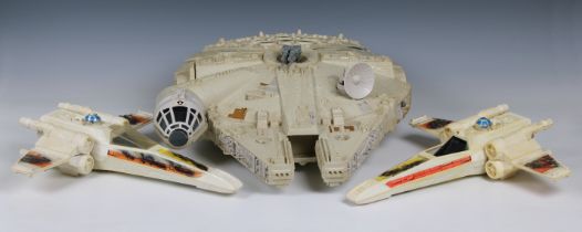 STARWARS vintage Millennium falcon and two X wings together with a selection of vintage action figur