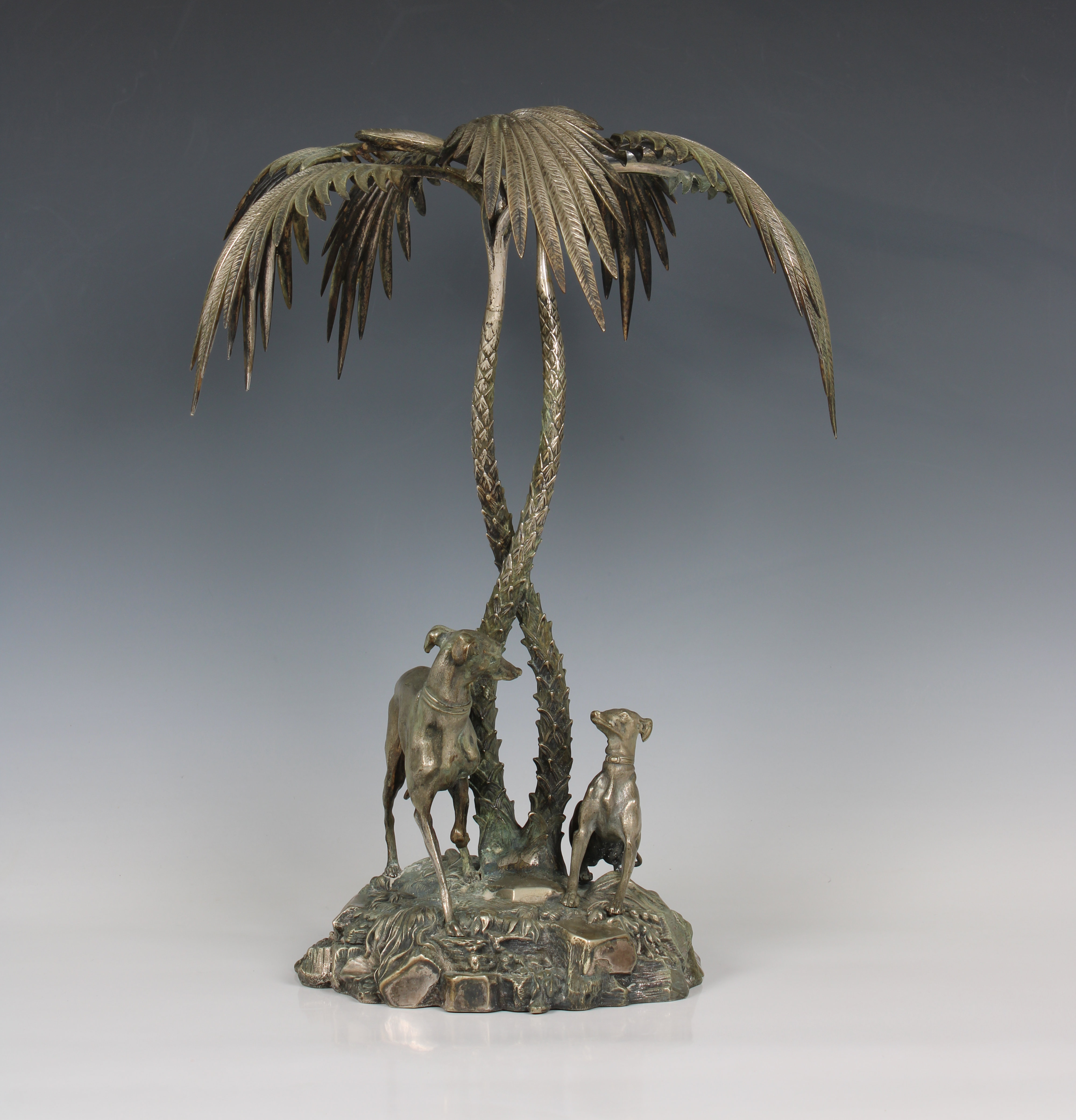 A silver plated centrepiece in the form of two greyhounds sheltering beneath palm trees - Image 4 of 6