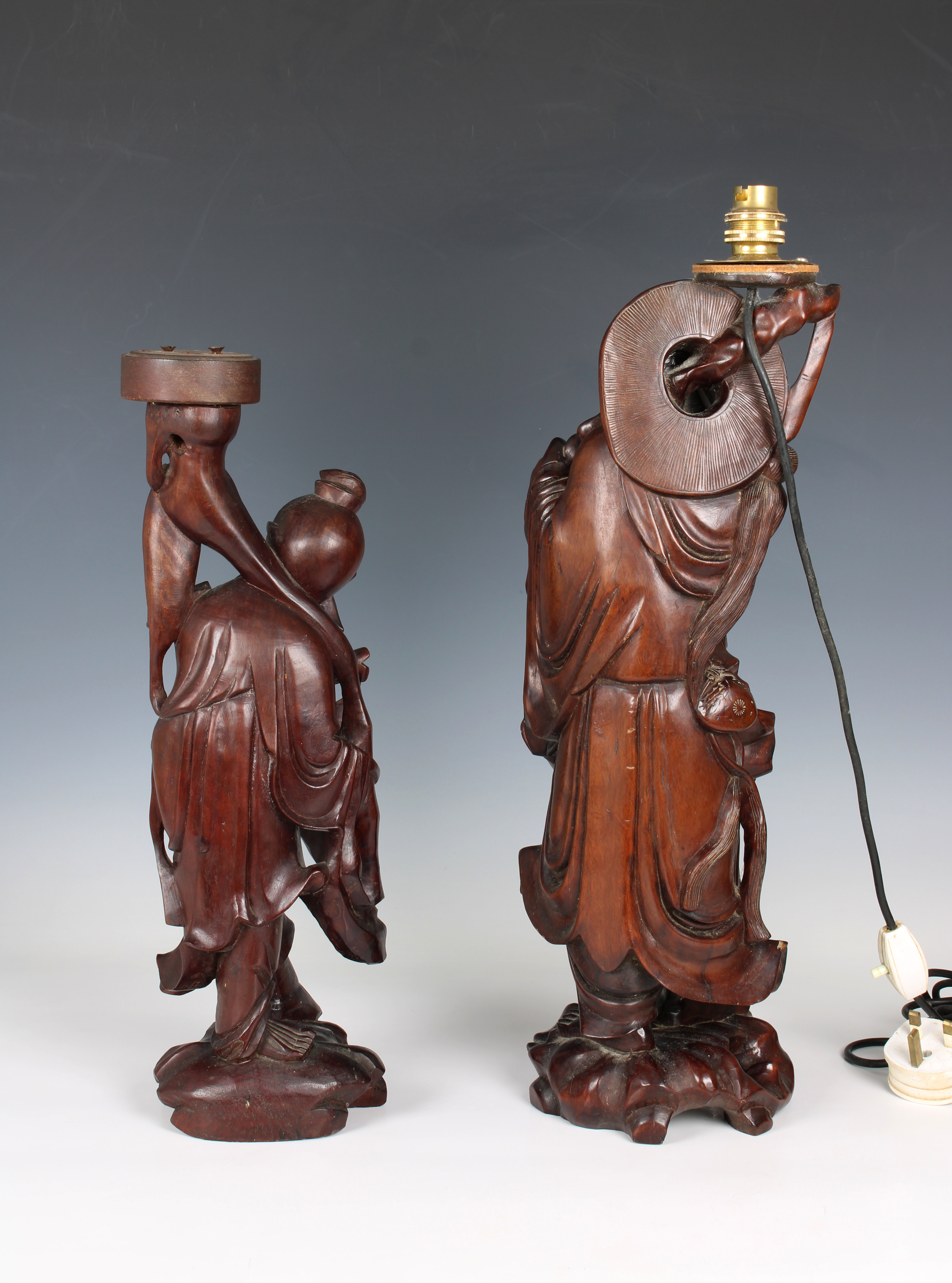 Two early 20th century Japanese carved wooden figures converted to table lamps - Image 2 of 2