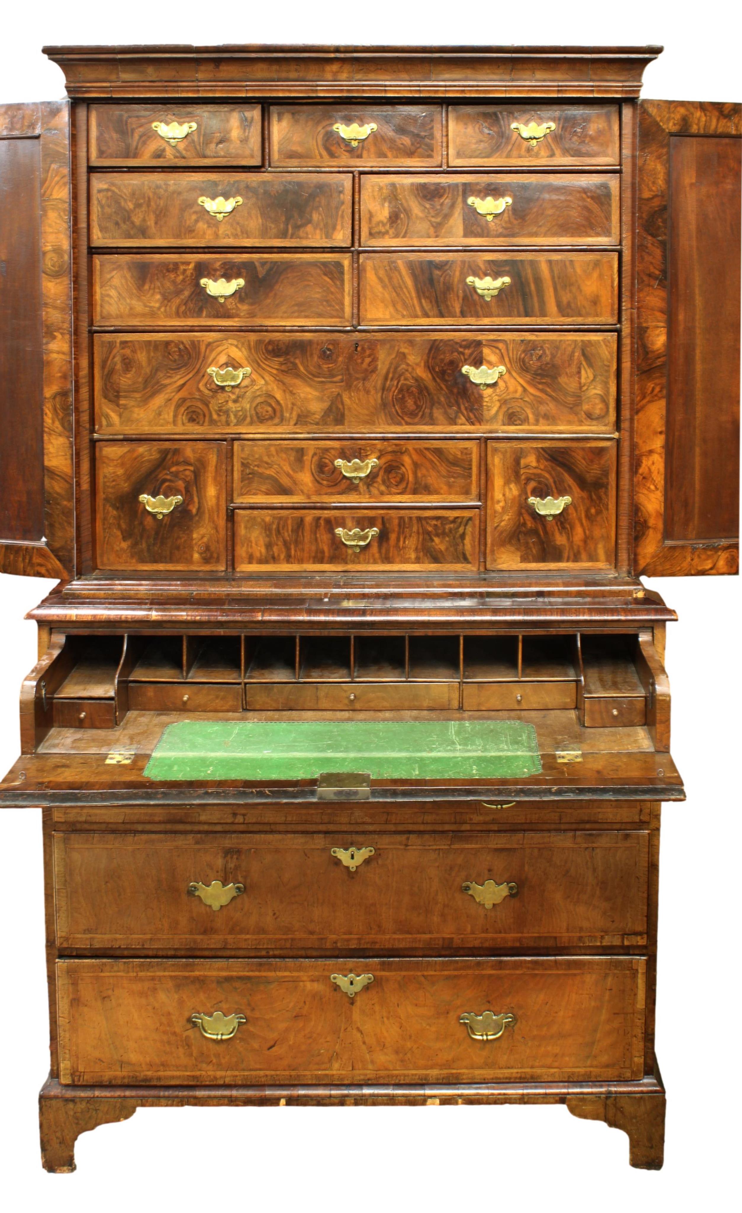 A fine George I walnut secretaire cabinet on chest, upper section with laburnum interior - Image 2 of 3
