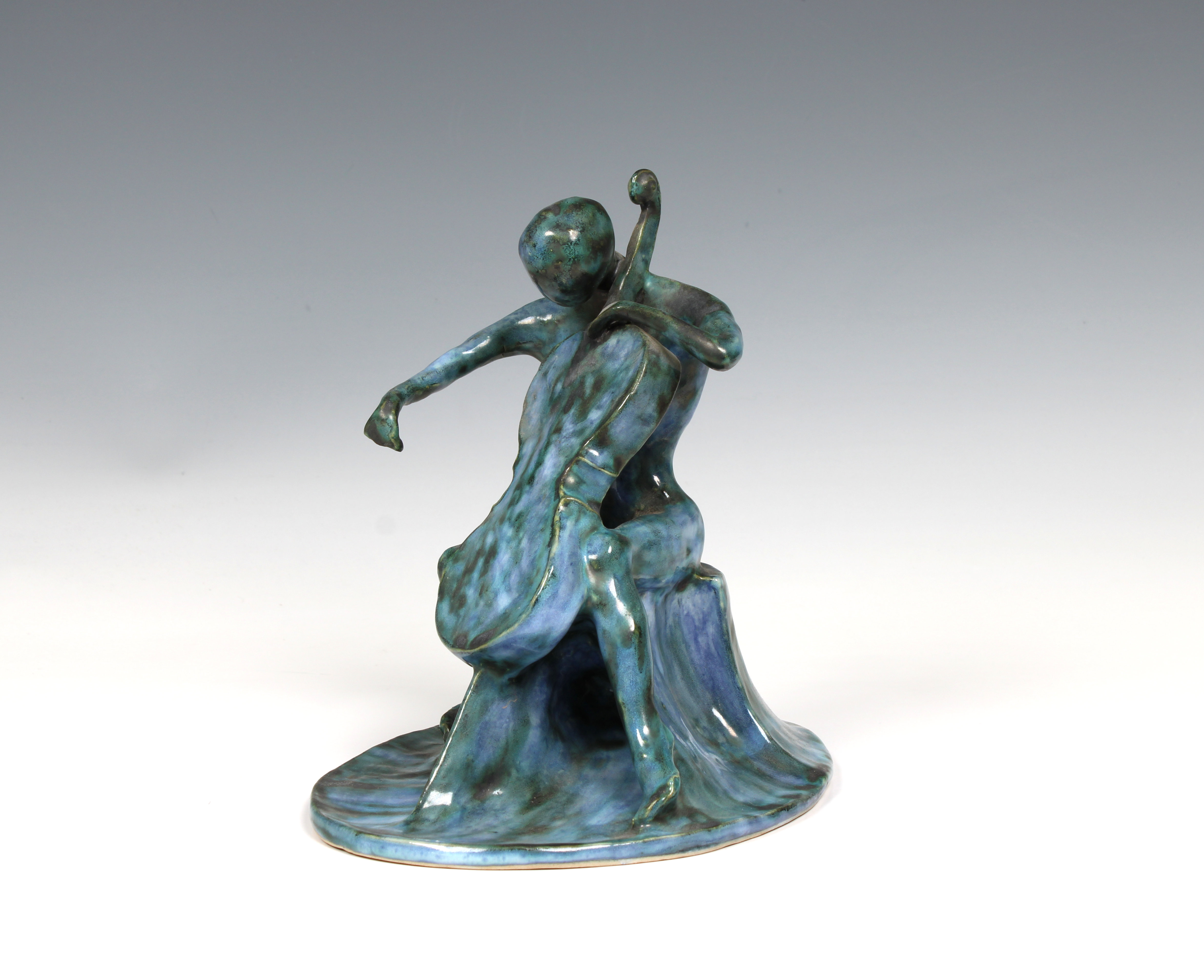 Elizabeth Ann Macphail (1939-89) A turquoise glazed stylised cellist or double bass player sculpture - Image 2 of 5