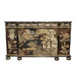 A mid 20th Century chinoiserie decorated breakfront side cabinet with faux-marble top