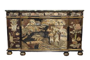 A mid 20th Century chinoiserie decorated breakfront side cabinet with faux-marble top