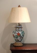 A Chinese famille verte covered vase lamp