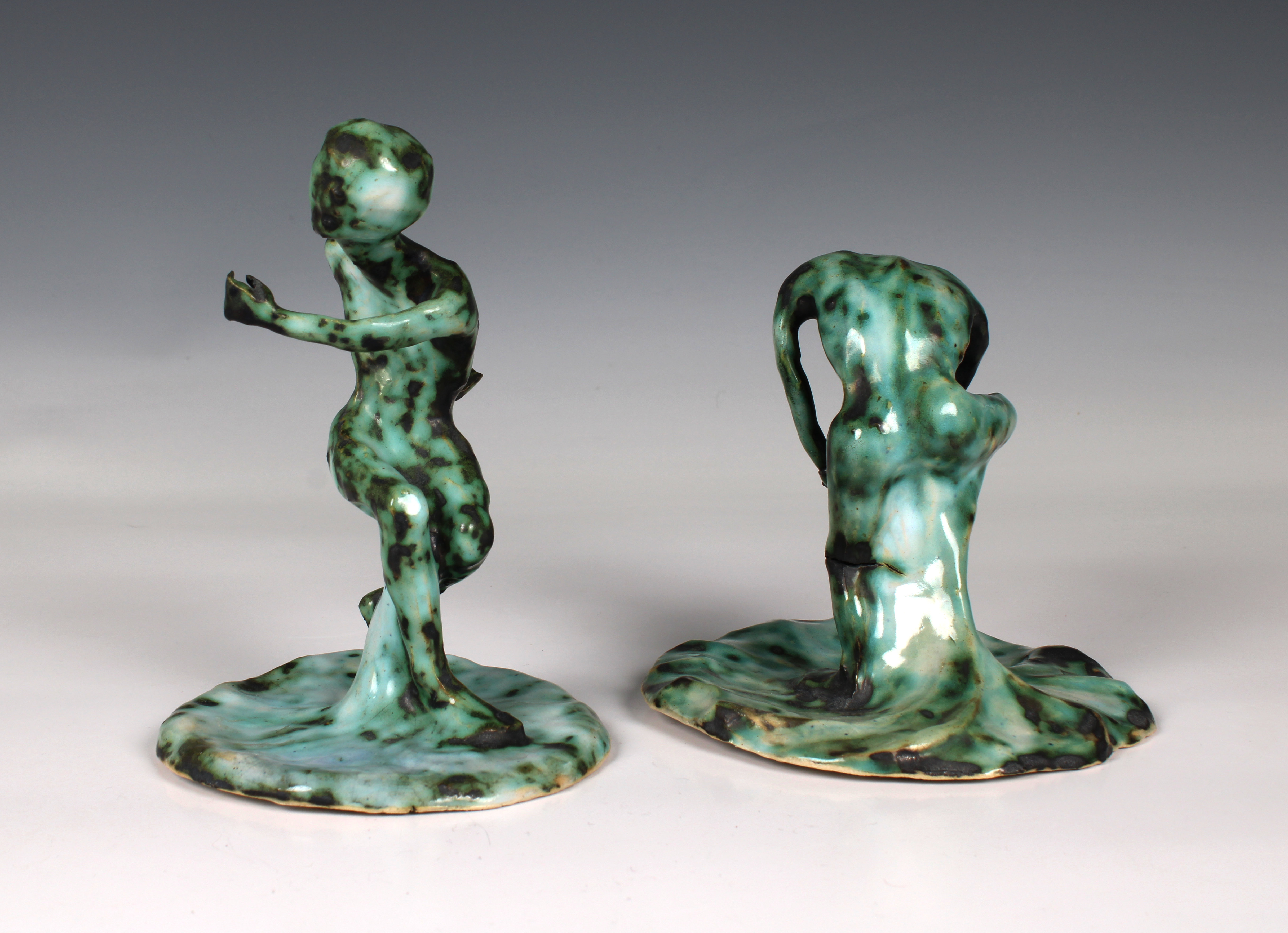 Elizabeth Ann Macphail (1939-89) Two green glazed stylised figural sculptures 'Before & After' - Image 3 of 4