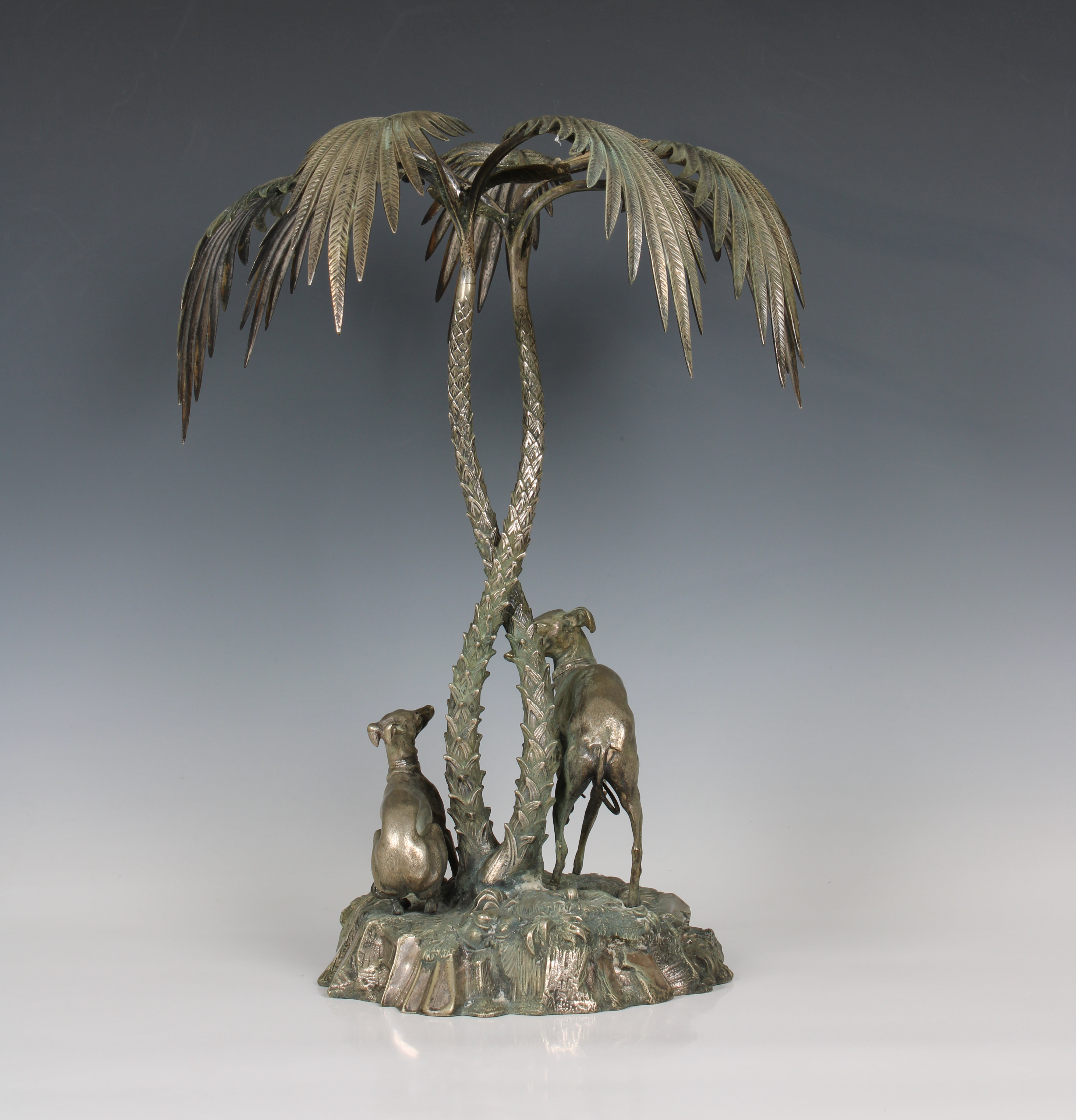 A silver plated centrepiece in the form of two greyhounds sheltering beneath palm trees - Image 2 of 6