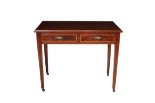 An Edwardian mahogany and satinwood banded two drawer side table