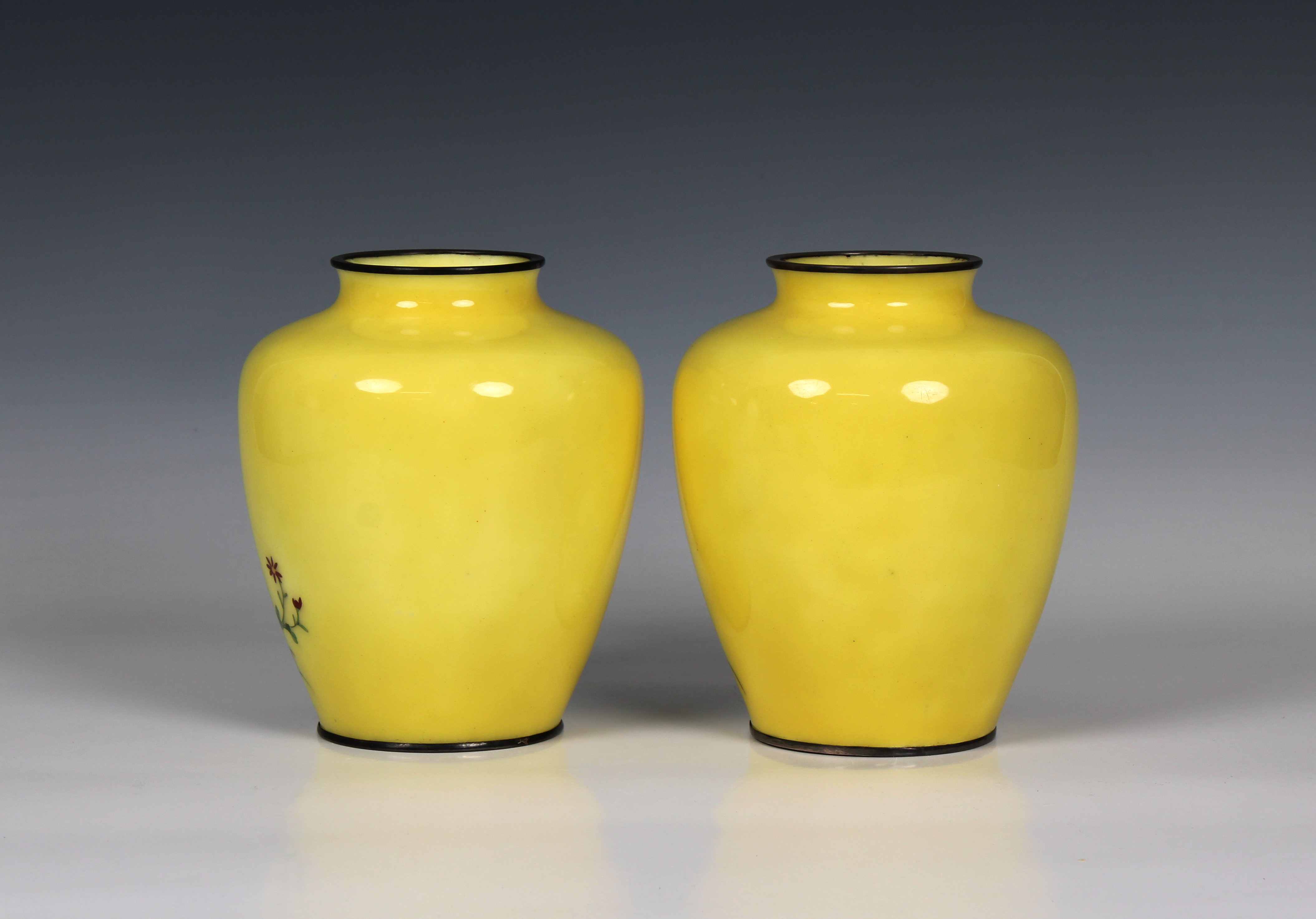 A pair of yellow ground Japanese cloisonné baluster form vases - Image 2 of 3
