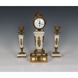 A French late 19th century ormolu and white marble clock garniture
