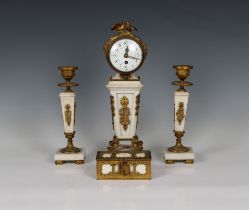 A French late 19th century ormolu and white marble clock garniture