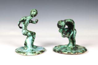 Elizabeth Ann Macphail (1939-89) Two green glazed stylised figural sculptures 'Before & After'