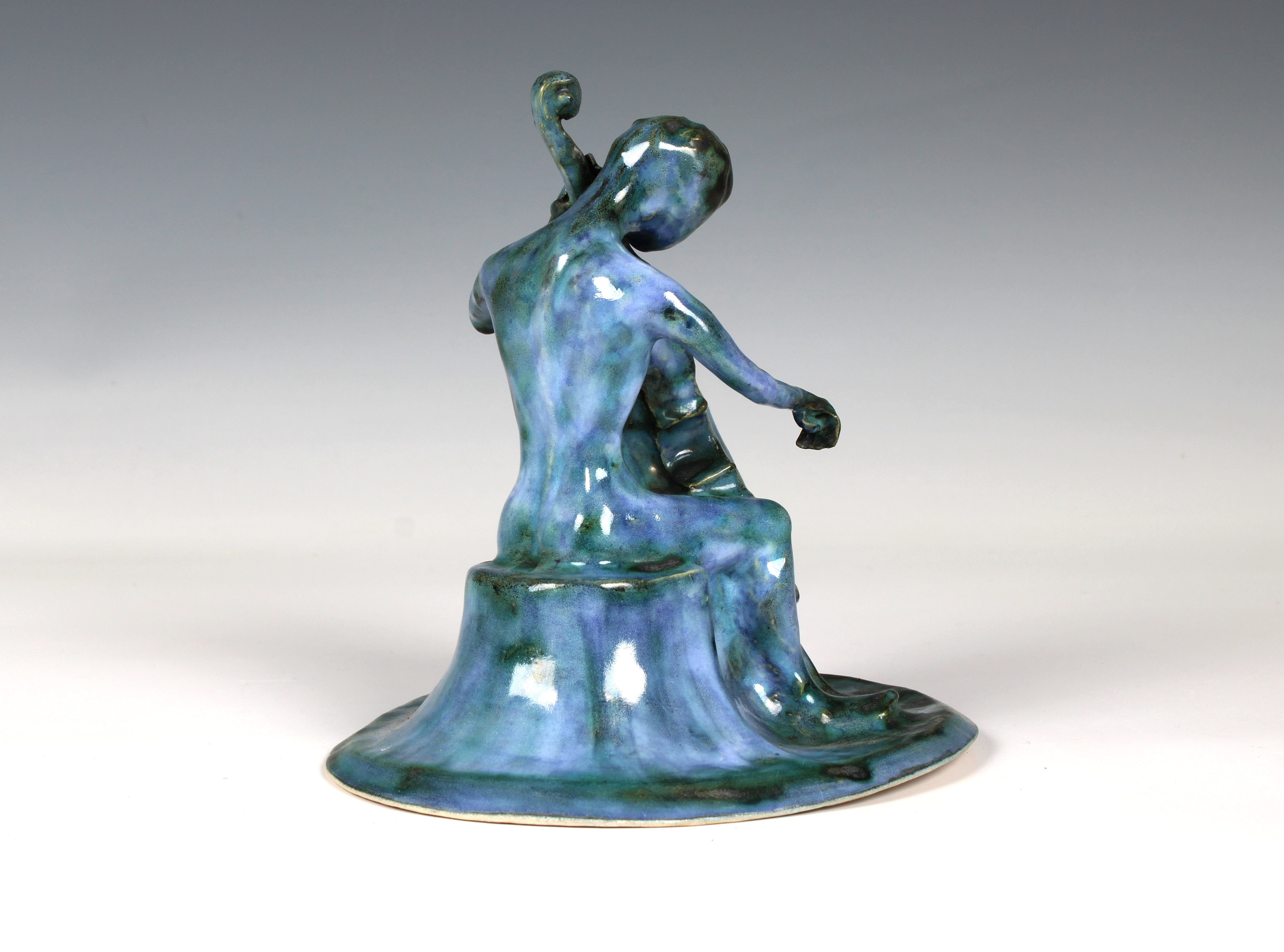 Elizabeth Ann Macphail (1939-89) A turquoise glazed stylised cellist or double bass player sculpture - Image 2 of 5