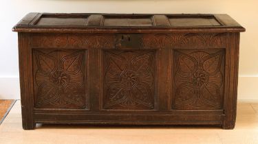 A Late 17th Century carved oak three panel coffer