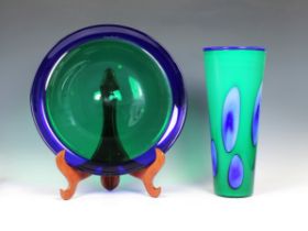 A blue and green Murano glass vase and plate by Simone Cenedese for Vivarini