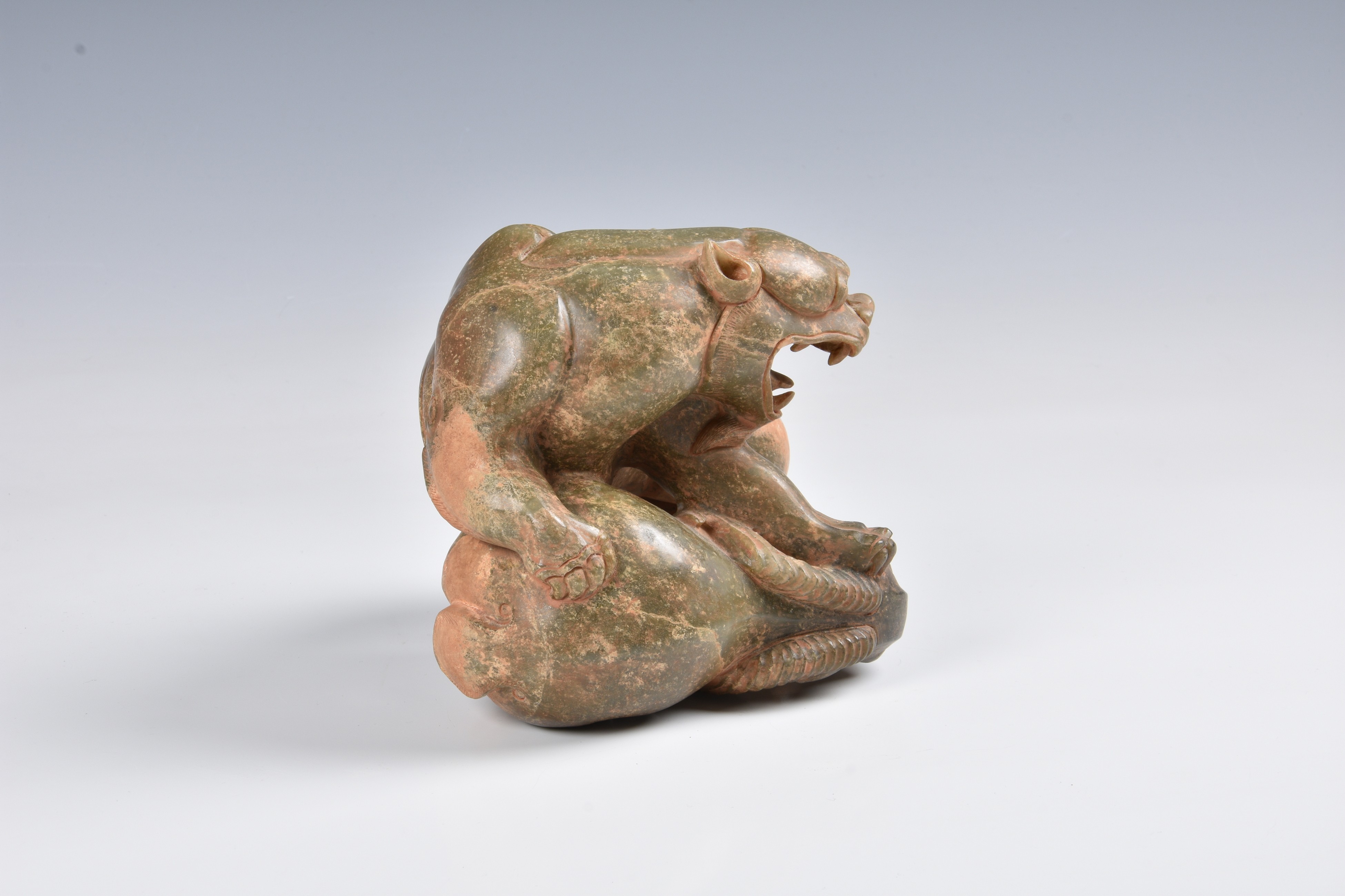 A Chinese carved celadon jade figure of a jaguar and ram - Image 2 of 11