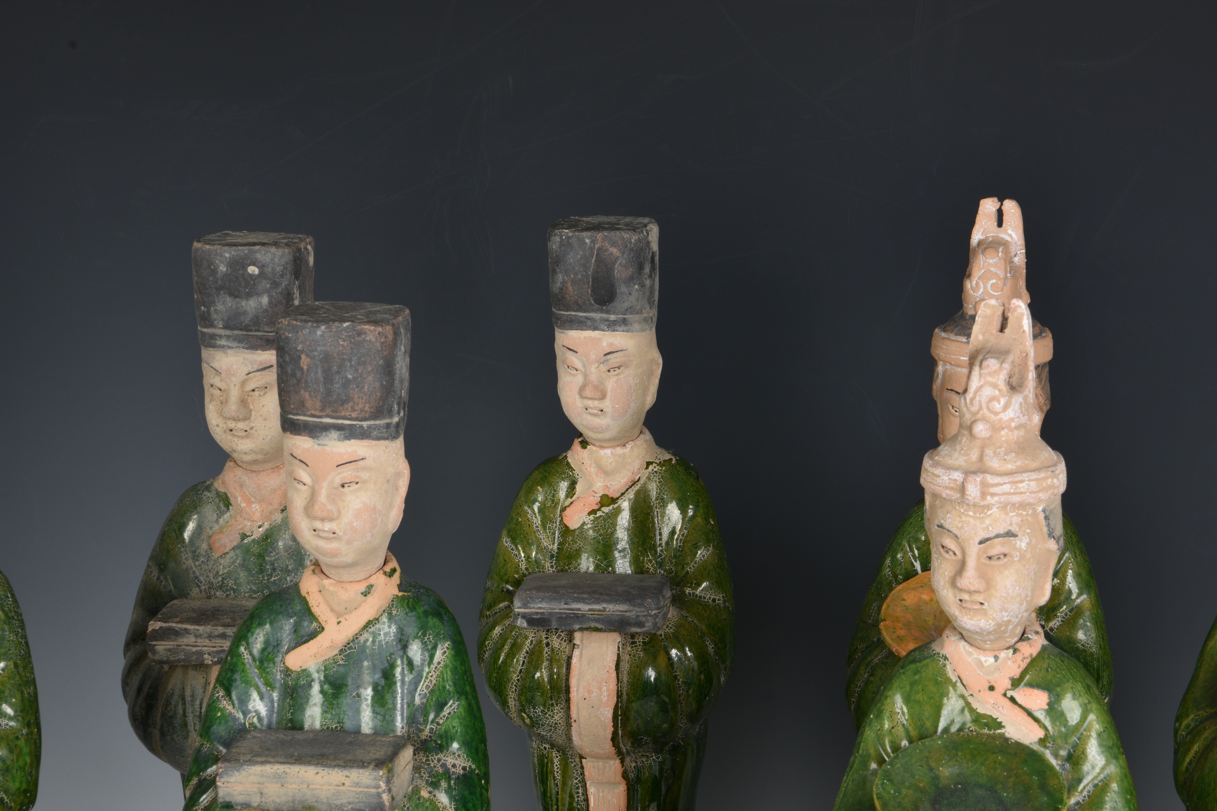 A set of eight Chinese Sancai glazed pottery tomb figures of Court Attendants - Image 4 of 13