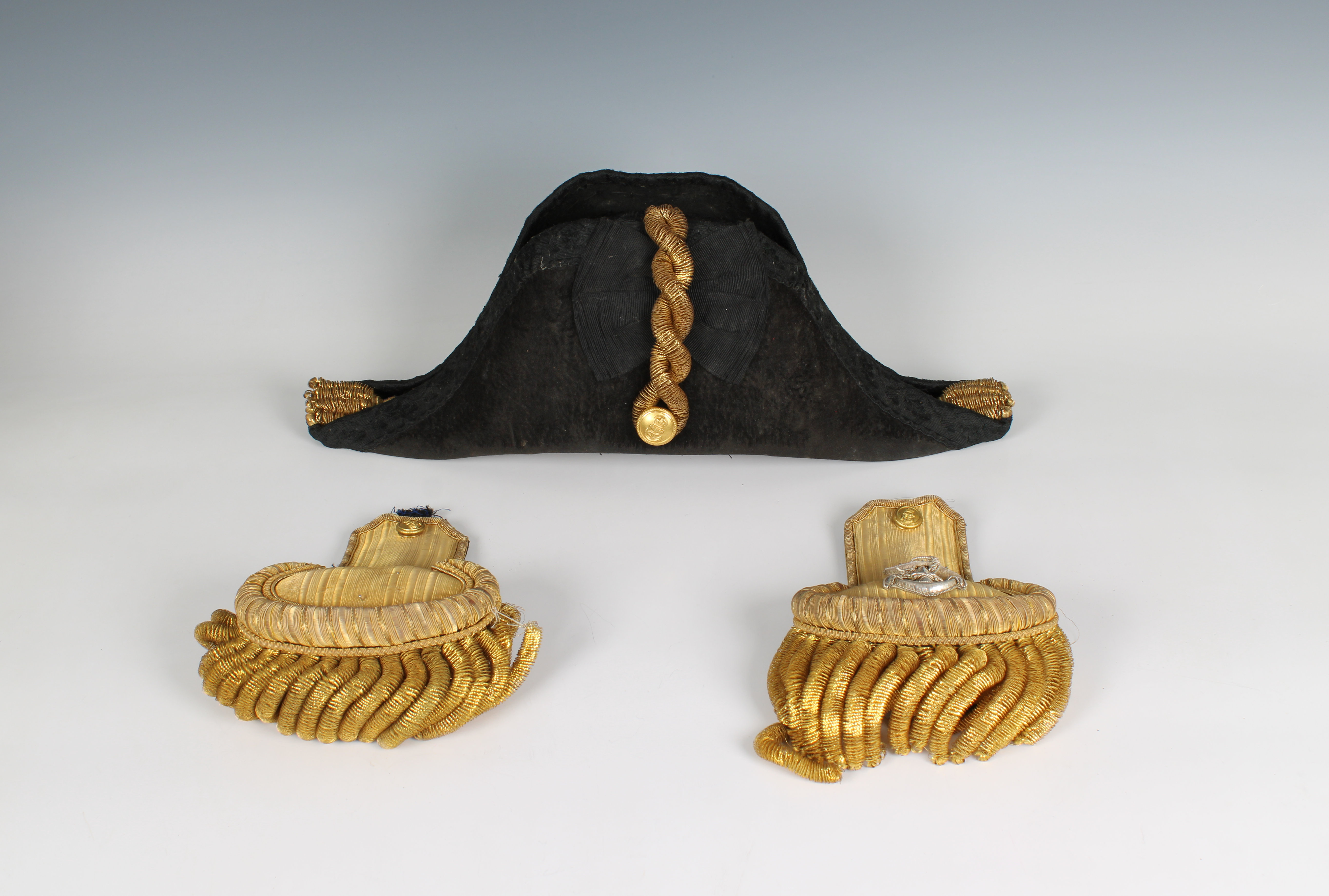 An Edwardian full dress Royal Navy bicorn cocked hat, pair of epaulettes and sword belt - Image 2 of 6