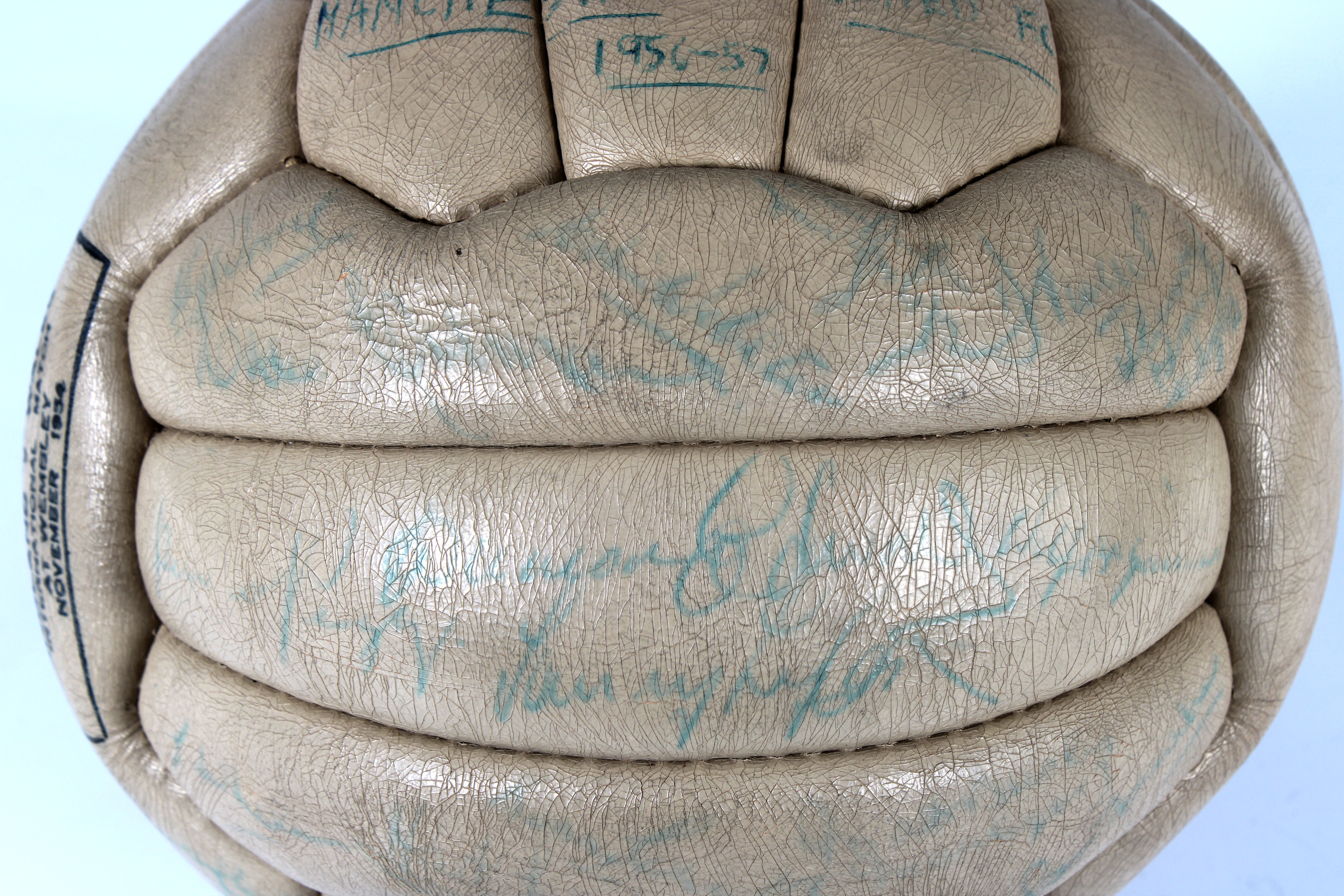 Busby Babes interest. A hand stitched leather football signed by players from Manchester United 1956 - Image 4 of 6