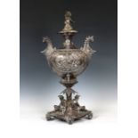 A large and impressive free standing George V heavy silver centrepiece urn / trophy featuring Poseid