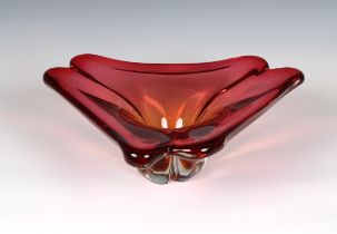 An Art Glass Murano style red glass triangular centrepiece bowl